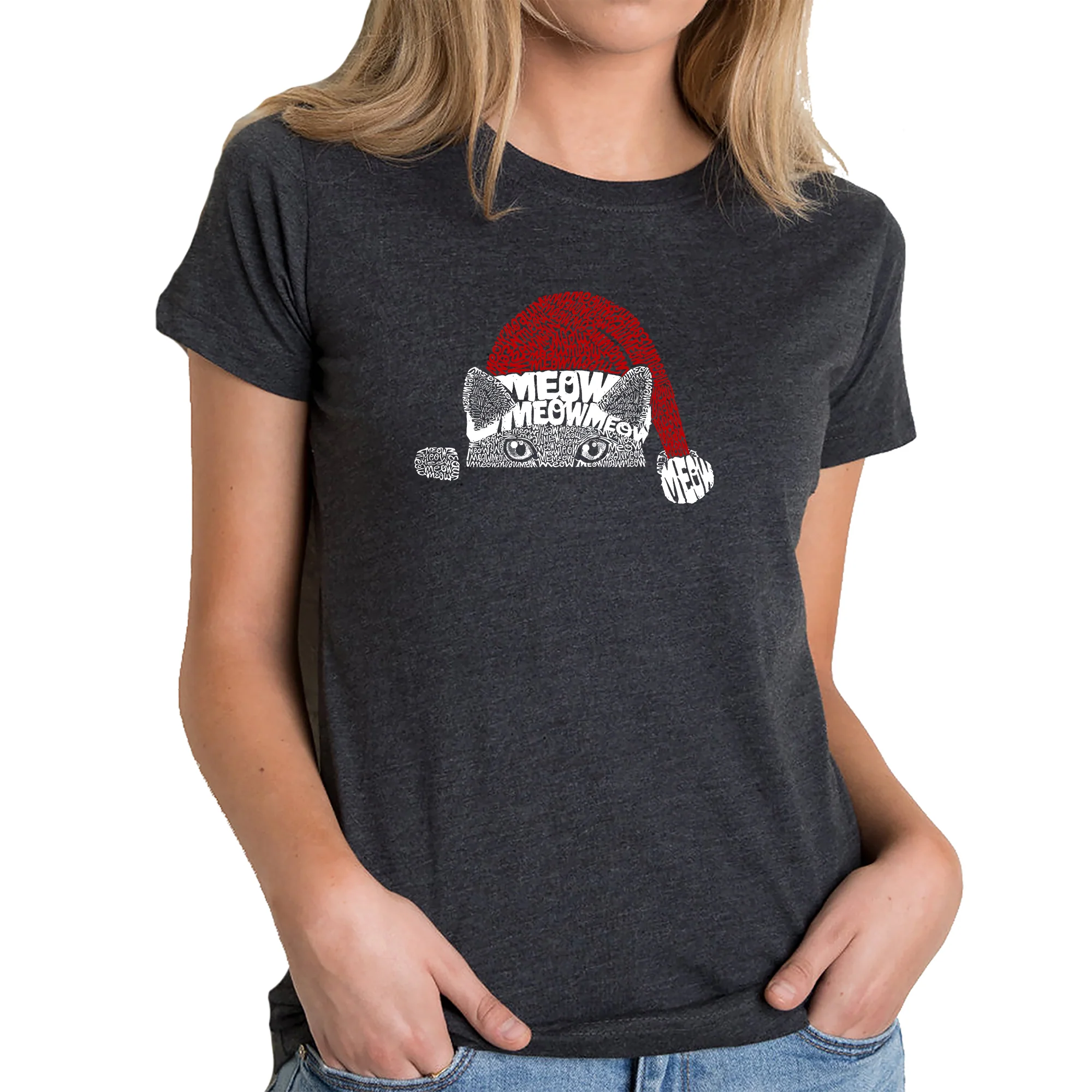 Christmas Peeking Cat - Women's Premium Blend Word Art T-Shirt - Image 2