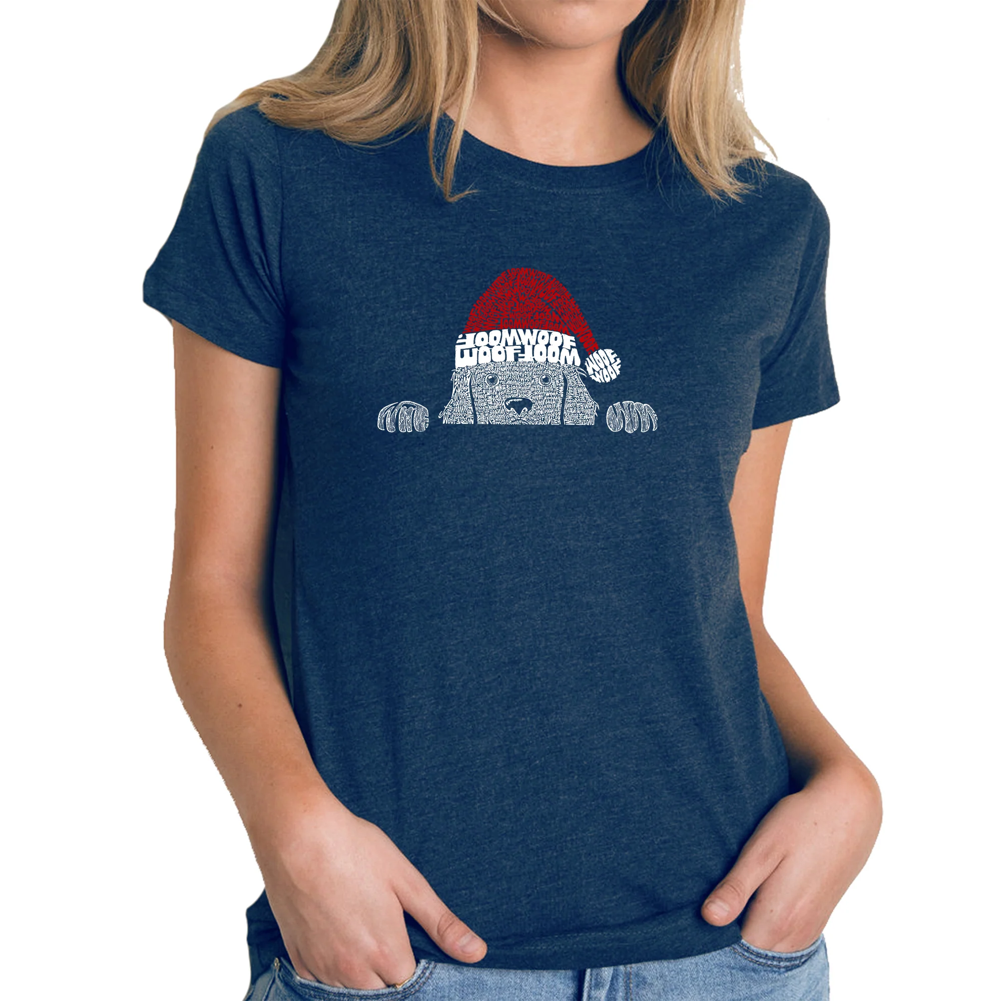 Christmas Peeking Dog - Women's Premium Blend Word Art T-Shirt - Image 4