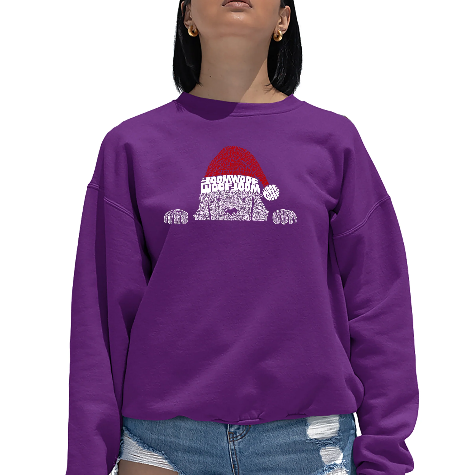 Christmas Peeking Dog - Women's Word Art Crewneck Sweatshirt - Image 2