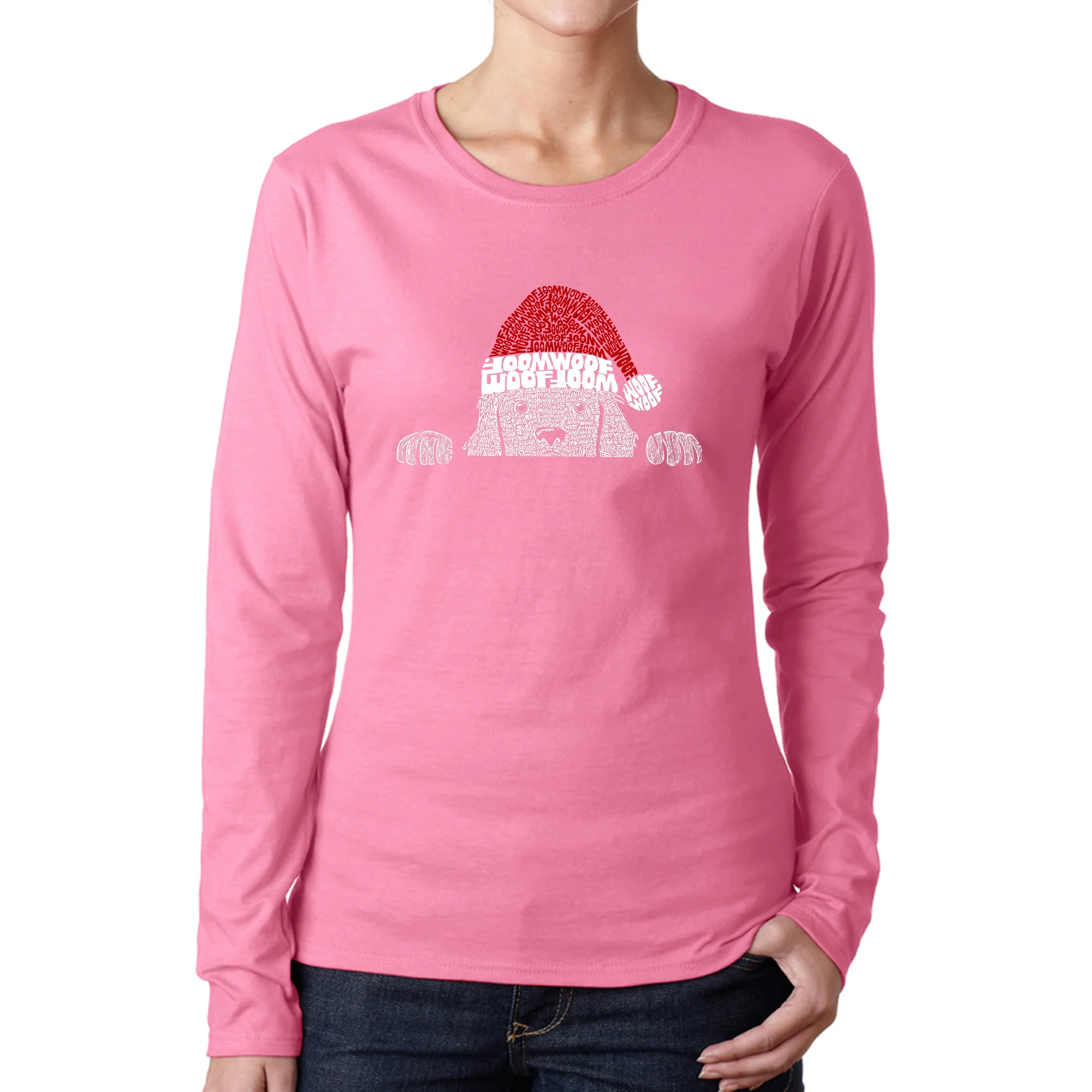 Christmas Peeking Dog - Women's Word Art Long Sleeve T-Shirt - Image 2