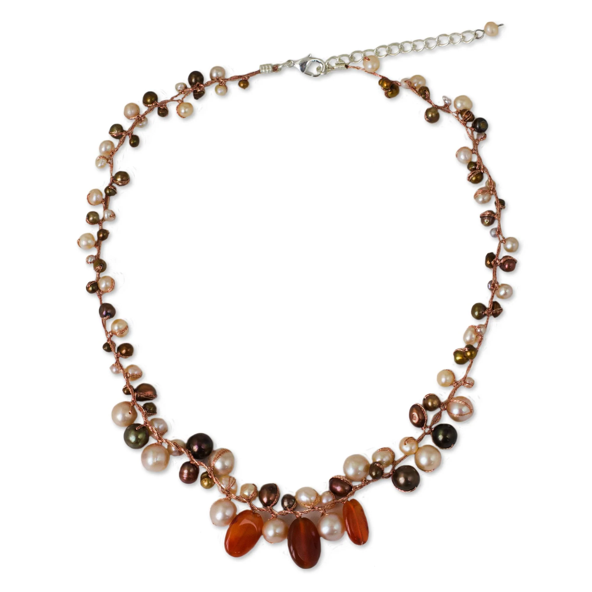 Cinnamon Rose Carnelian & Pearls Beaded Necklace - Image 2