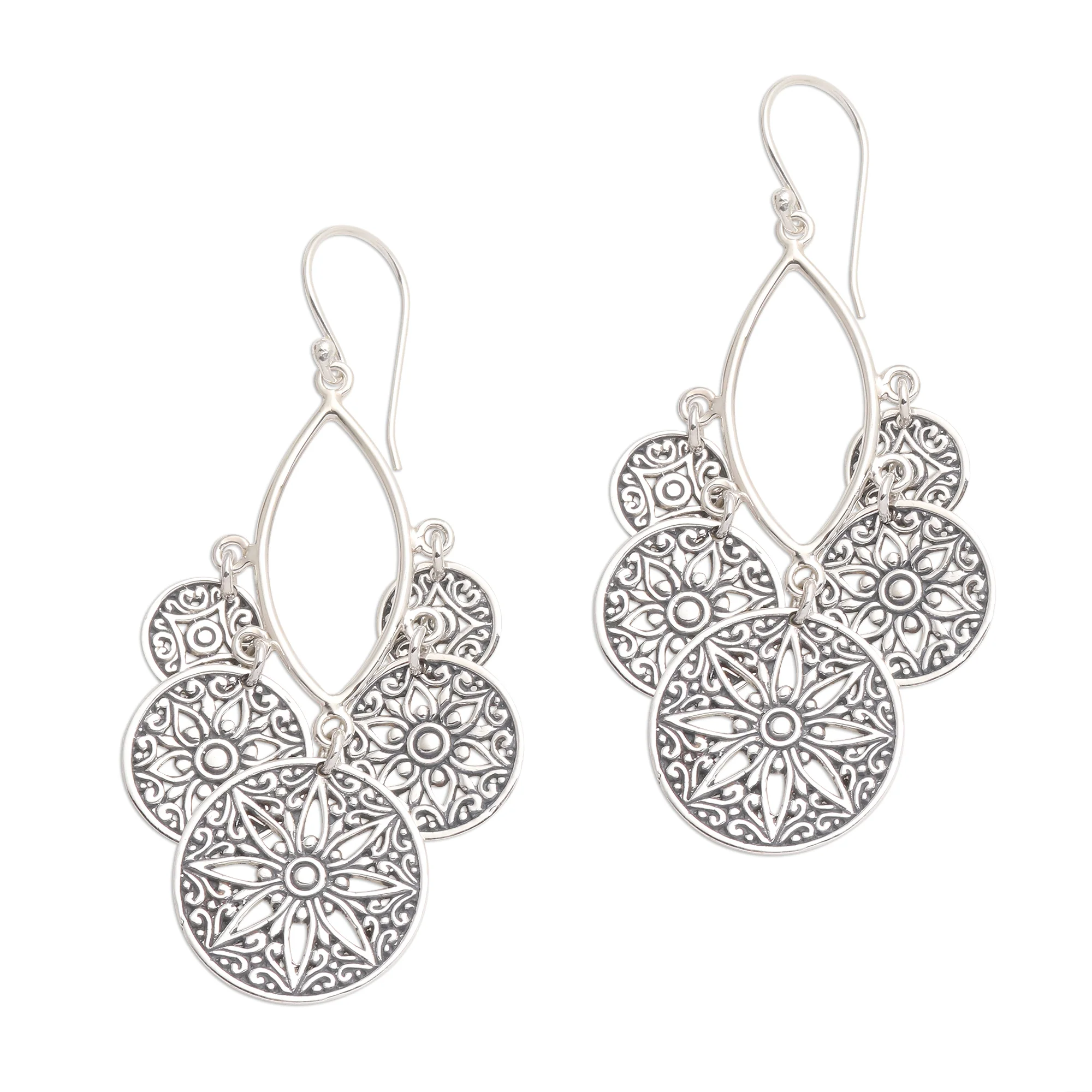 Circle of Progression Sterling Silver Dangle Earrings Flowers and Circles - Image 2