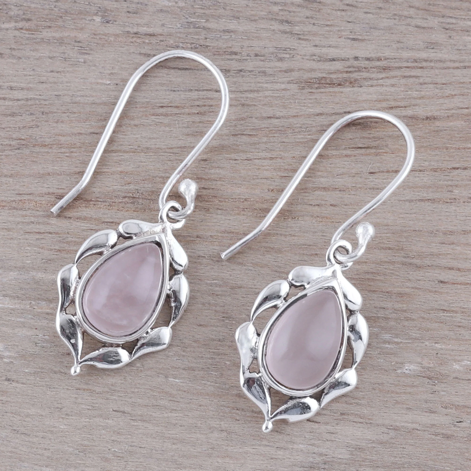 Circled by Paisleys Paisley Motif Rose Quartz Dangle Earrings from India - Image 3