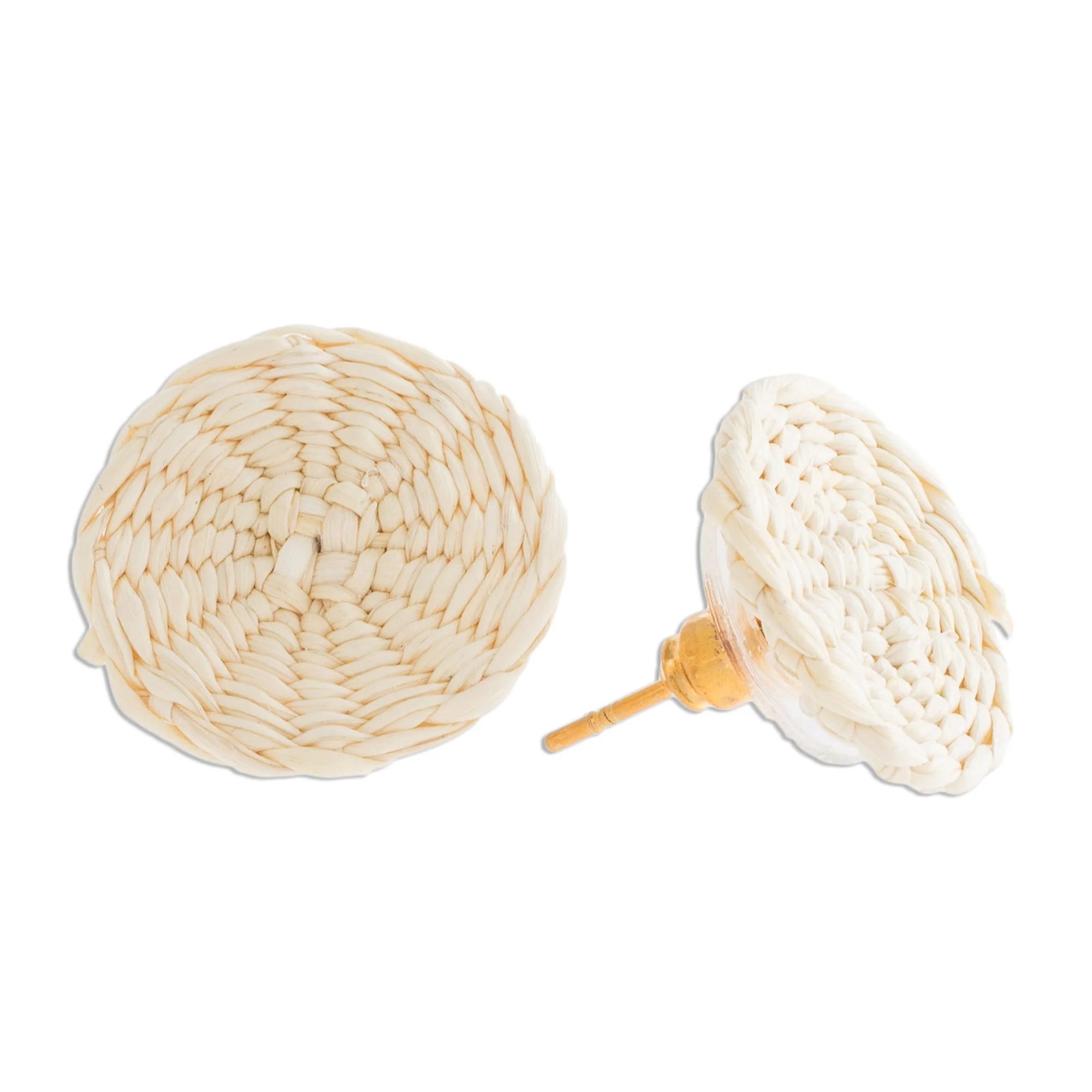 Circular Sensation in Natural Natural Off-White Woven Junco Reed Circular Button Earrings - Image 5