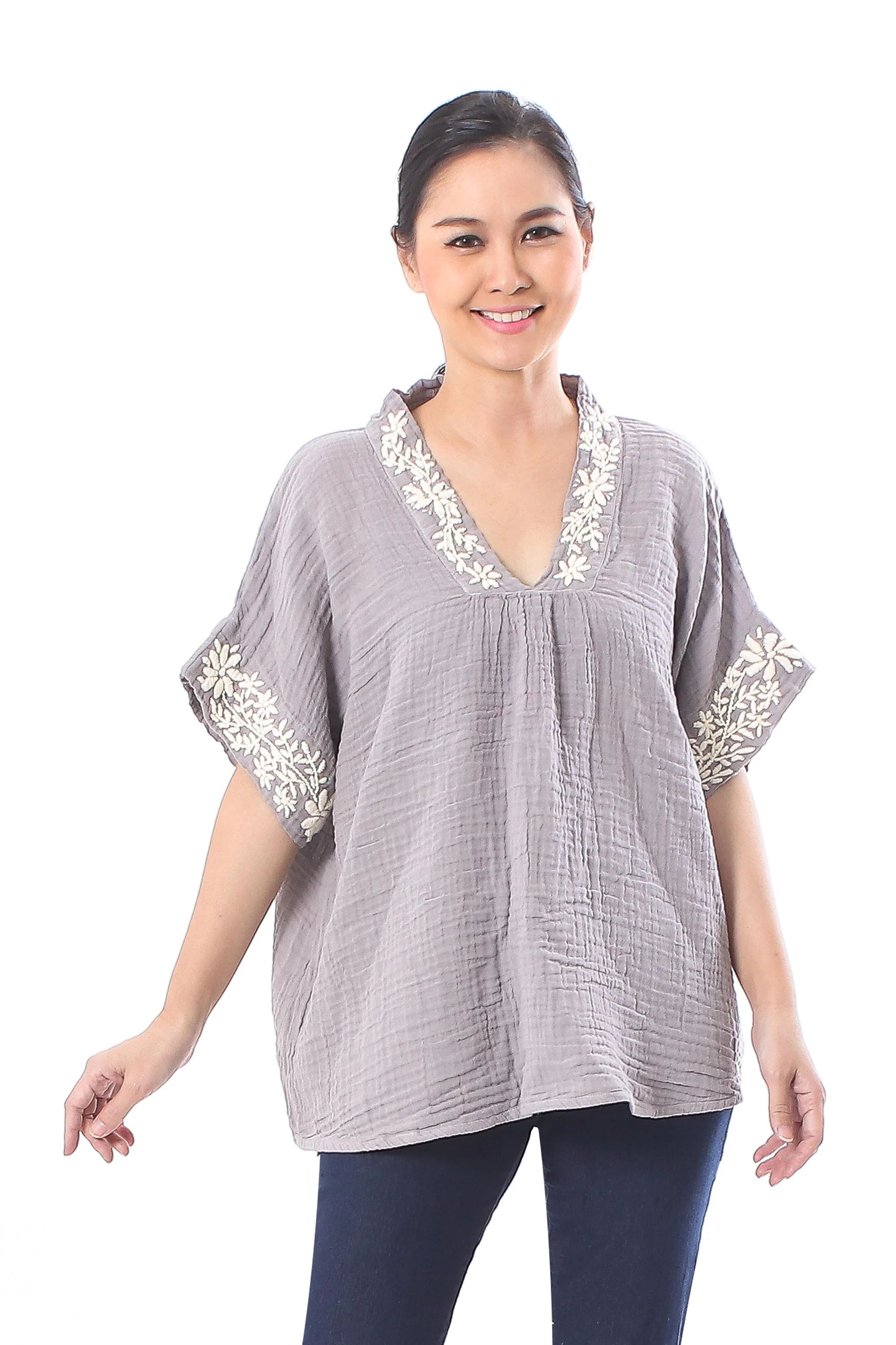 Classic Bloom in Ash Floral Embroidered Cotton Blouse in Ash from Thailand - Image 2