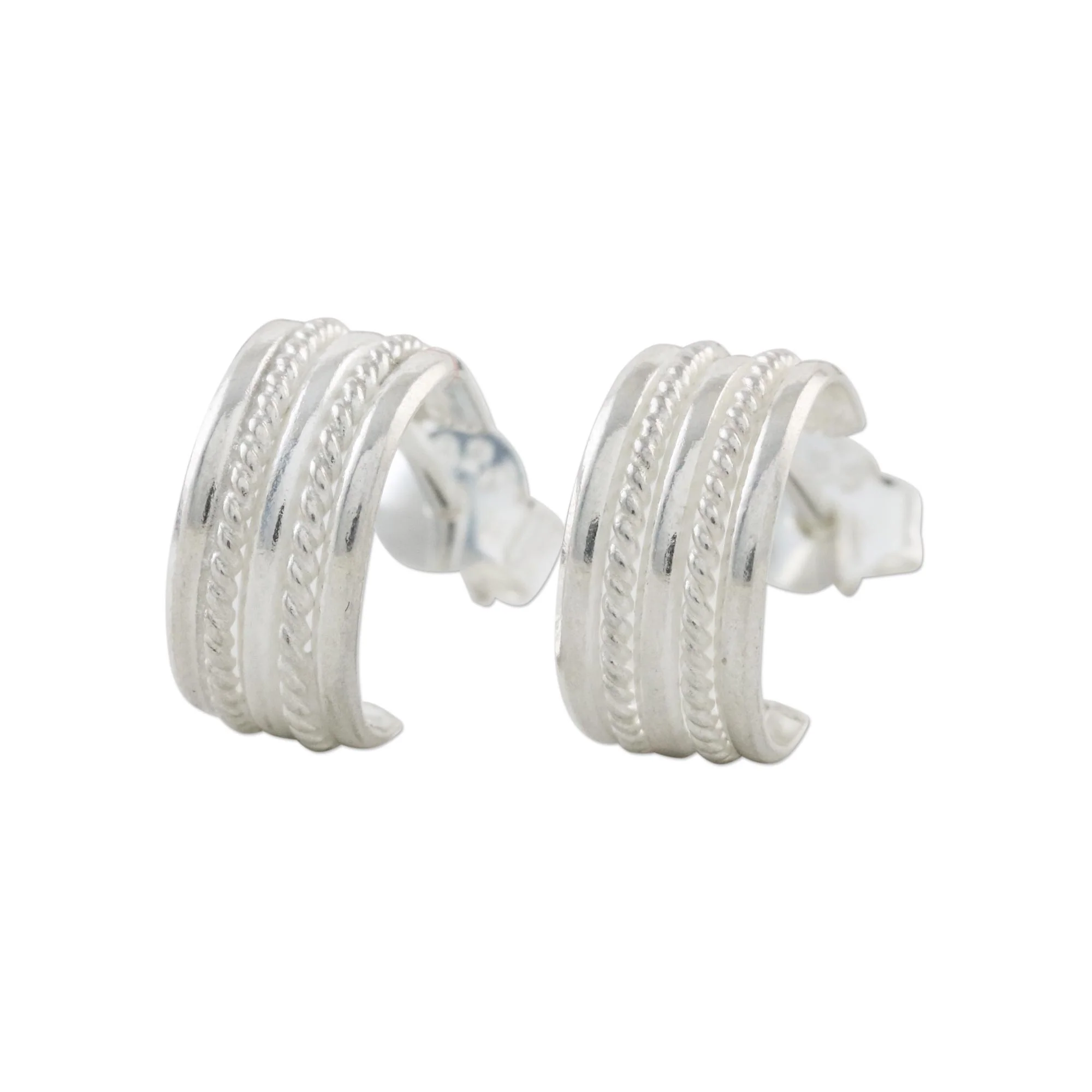 Classic Curve Rope Motif Sterling Silver Half-Hoop Earrings - Image 2