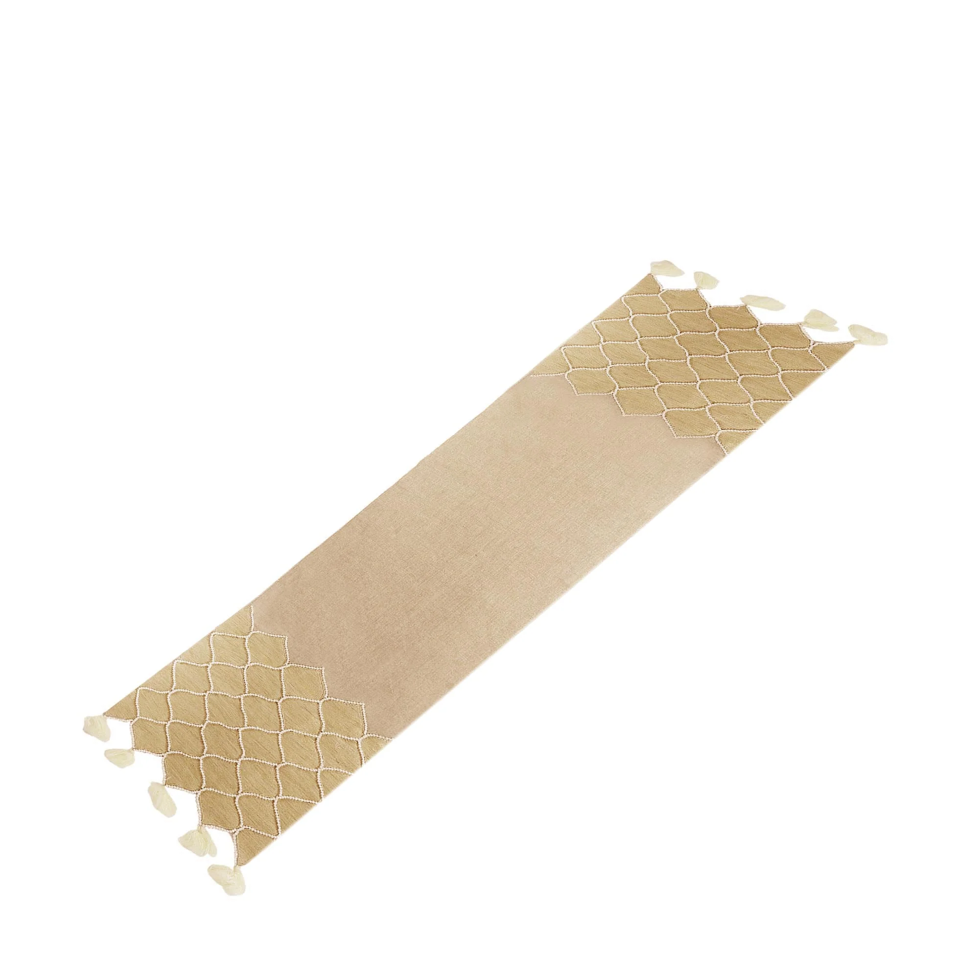 Classic Honeycomb Cotton Jute Beige Beaded Embroidered Table Runner - Image 4