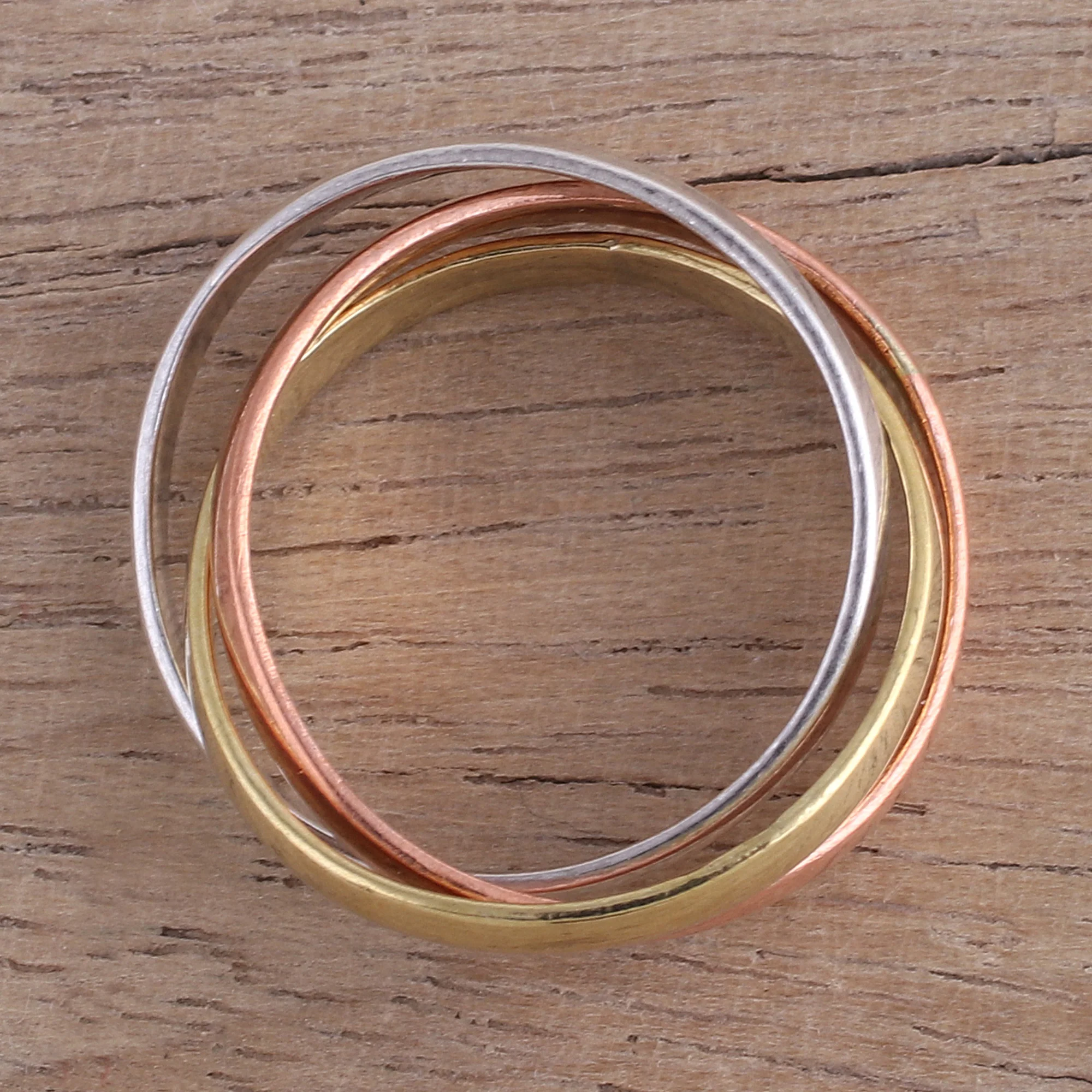 Classic Trio Sterling Silver Copper and Brass Band Ring from India - Image 3