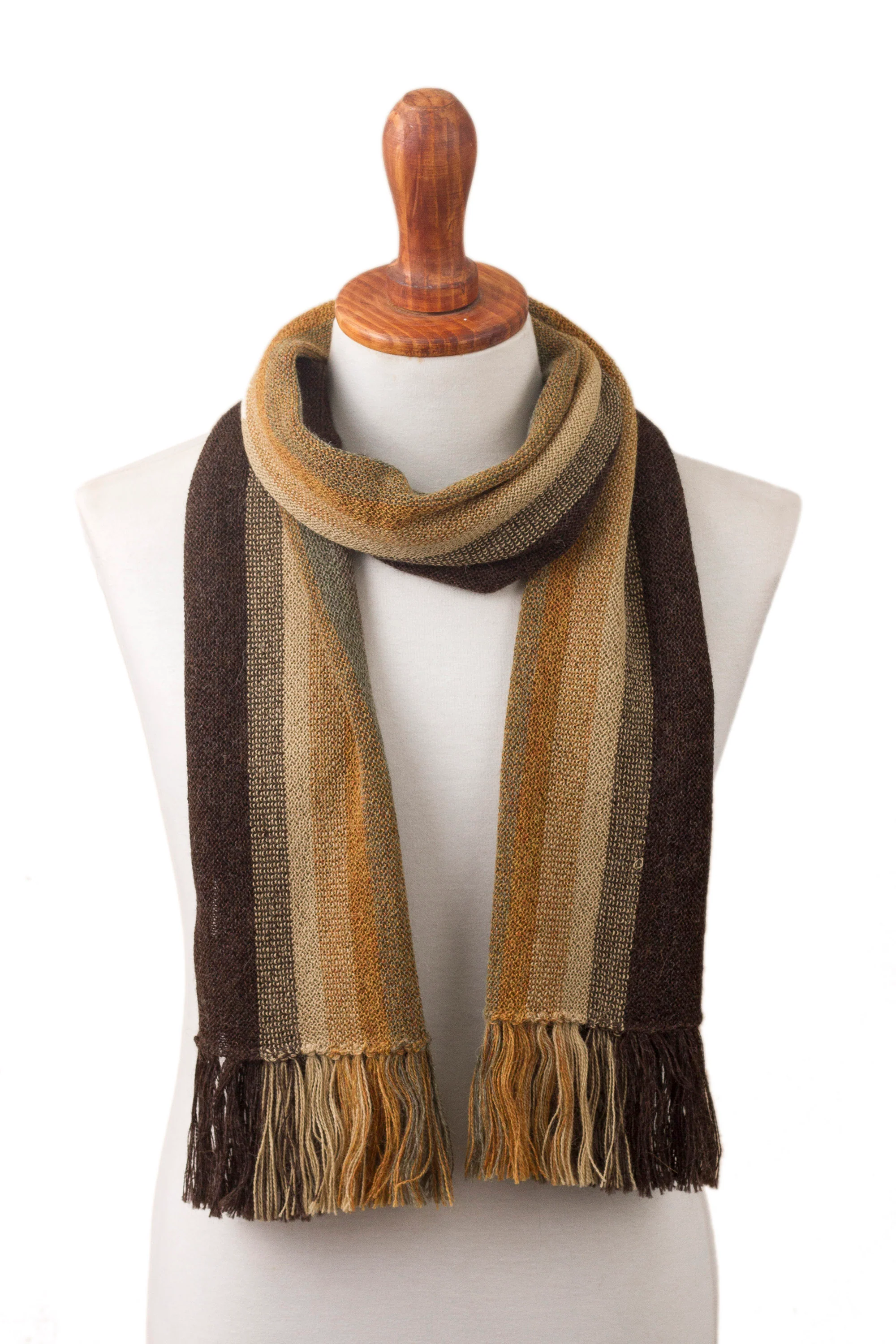 Cliffside Stripes Shades of Brown and Sage Green 100% Alpaca Knit Scarf - Image 2