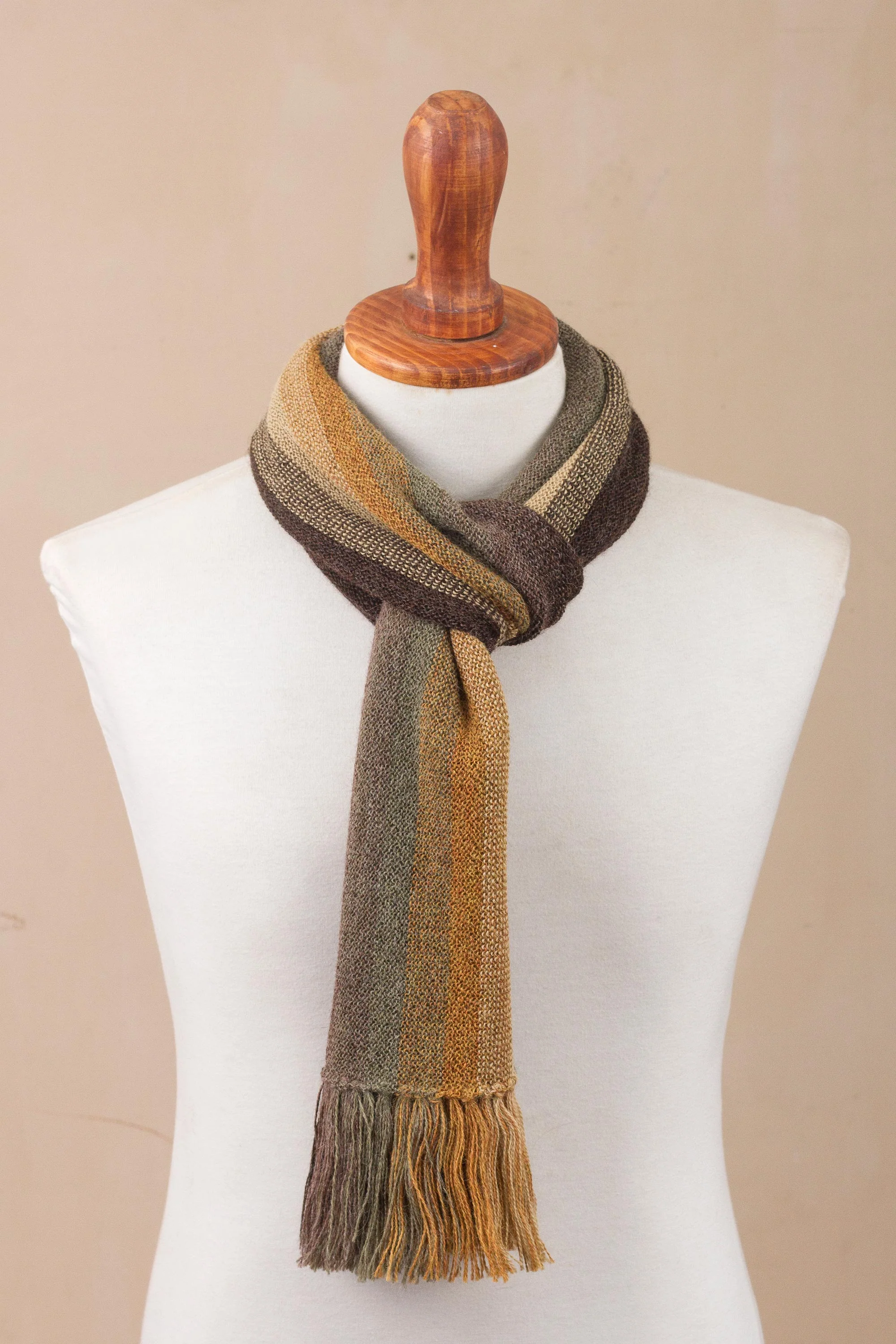 Cliffside Stripes Shades of Brown and Sage Green 100% Alpaca Knit Scarf - Image 5