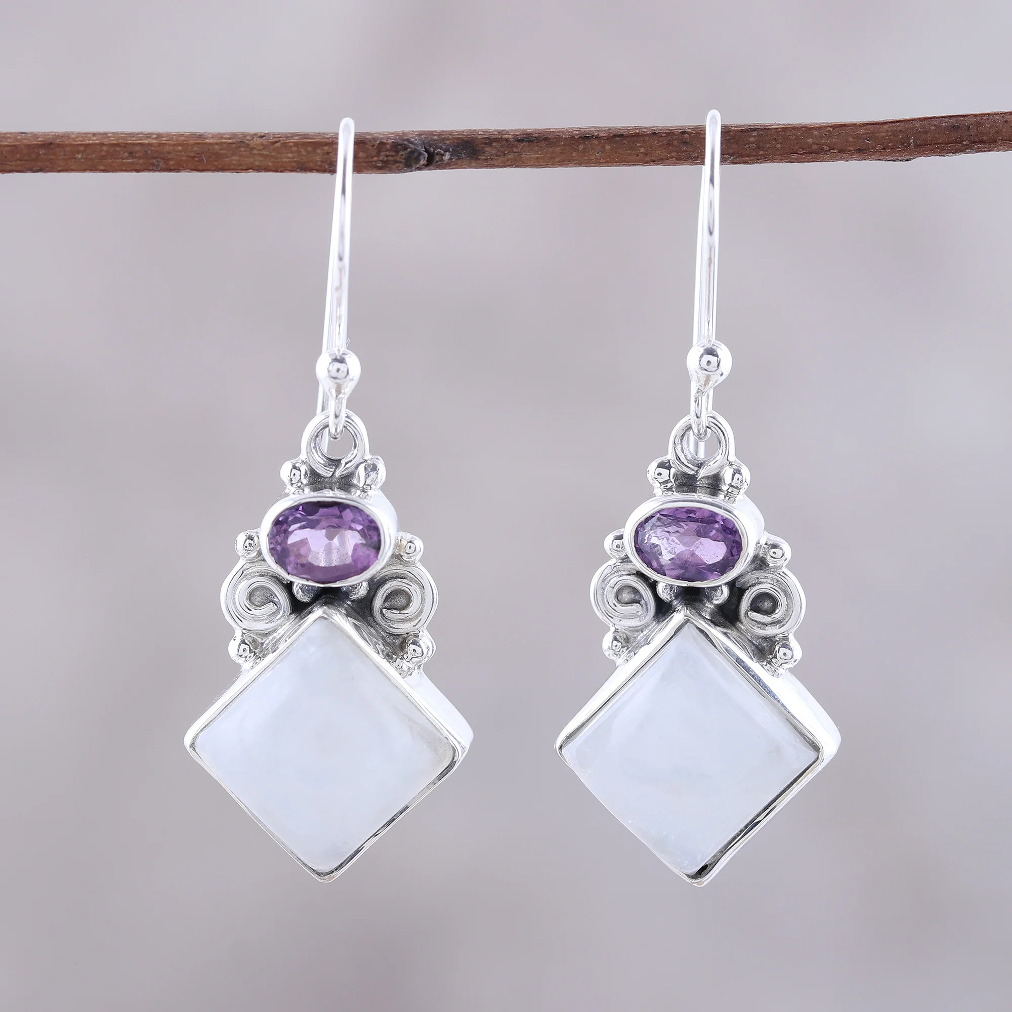 Cloud Fragments Sterling Silver Rainbow Moonstone Amethyst Dangle Earrings