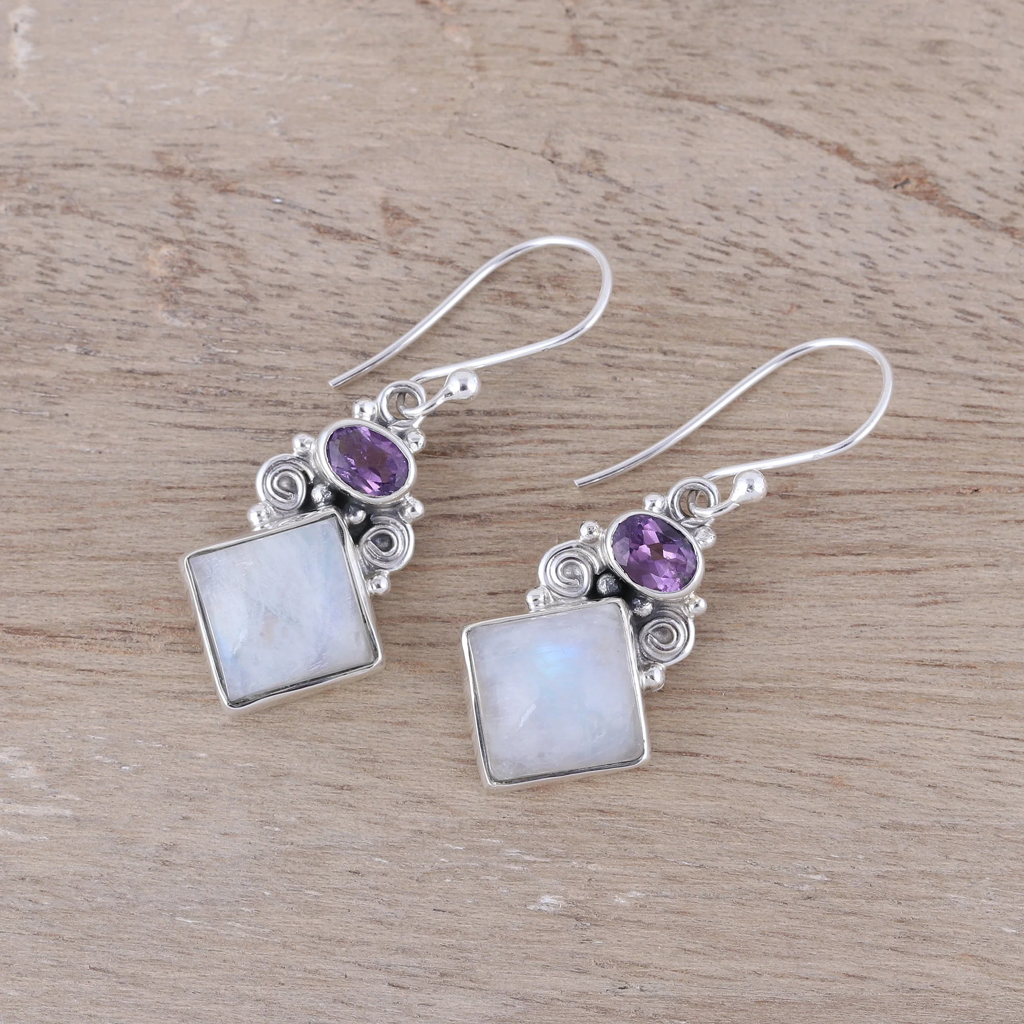 Cloud Fragments Sterling Silver Rainbow Moonstone Amethyst Dangle Earrings - Image 3
