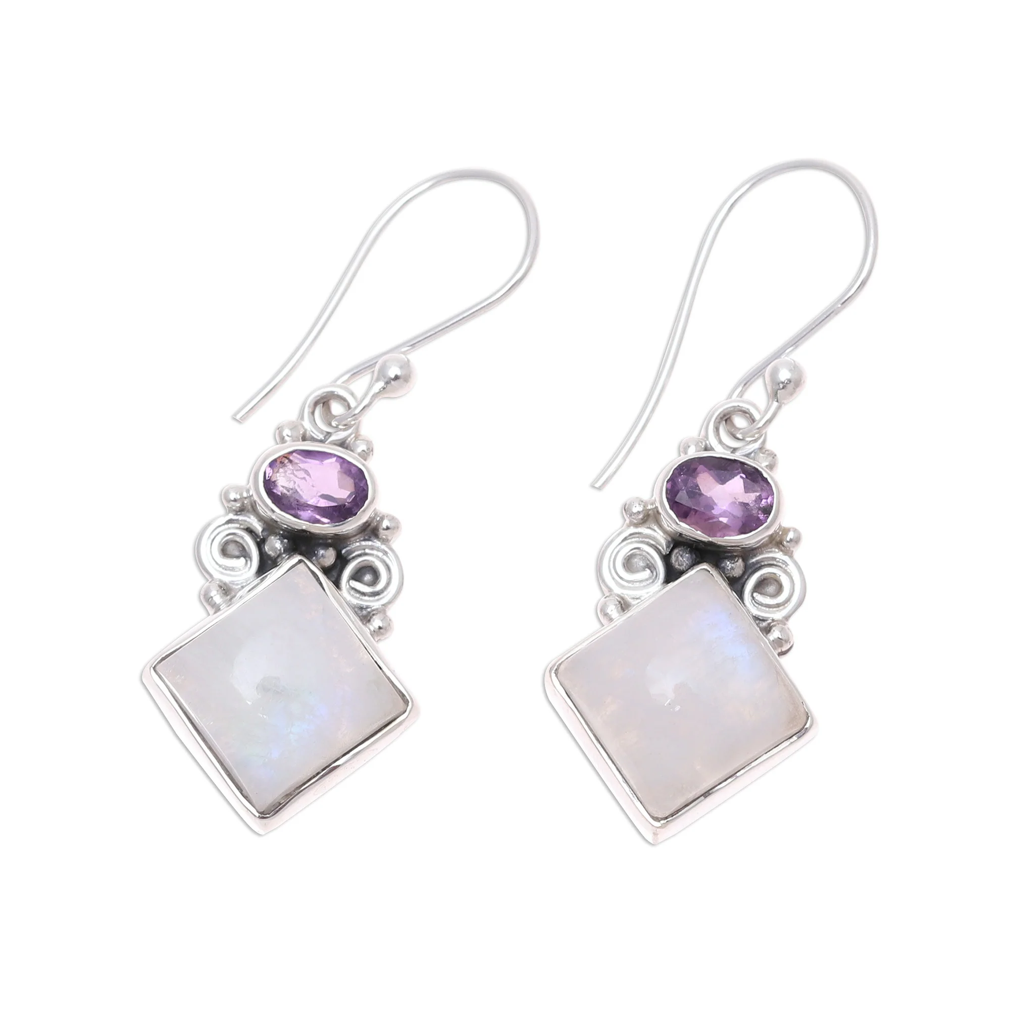 Cloud Fragments Sterling Silver Rainbow Moonstone Amethyst Dangle Earrings - Image 4