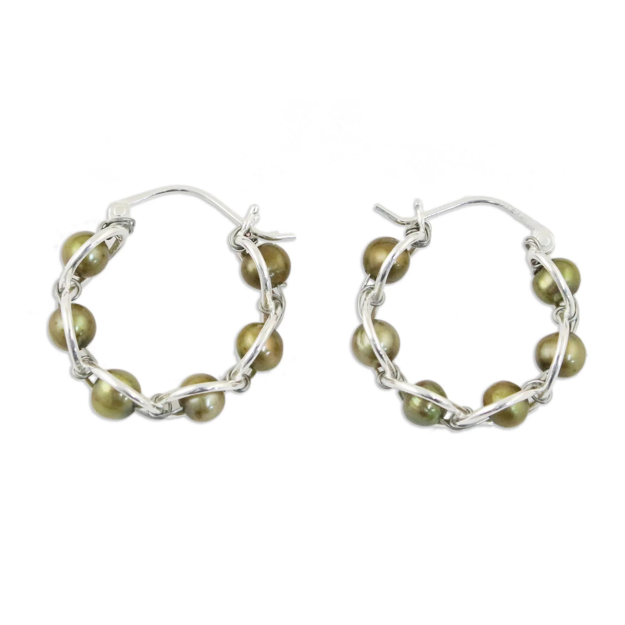 Cloud Twist in Green Green Cultured Pearl and 925 Silver Earrings from Thailand - Image 2