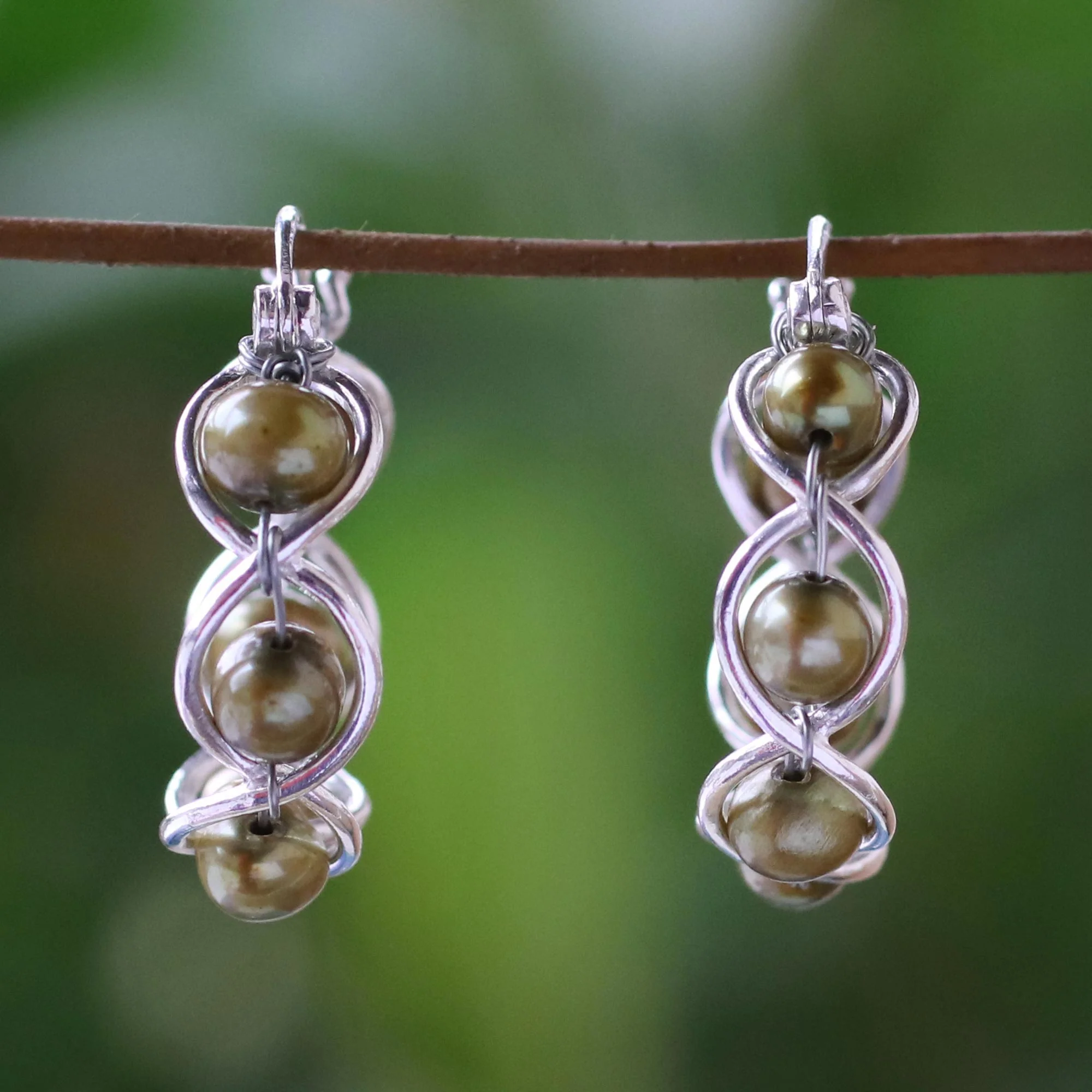 Cloud Twist in Green Green Cultured Pearl and 925 Silver Earrings from Thailand - Image 3