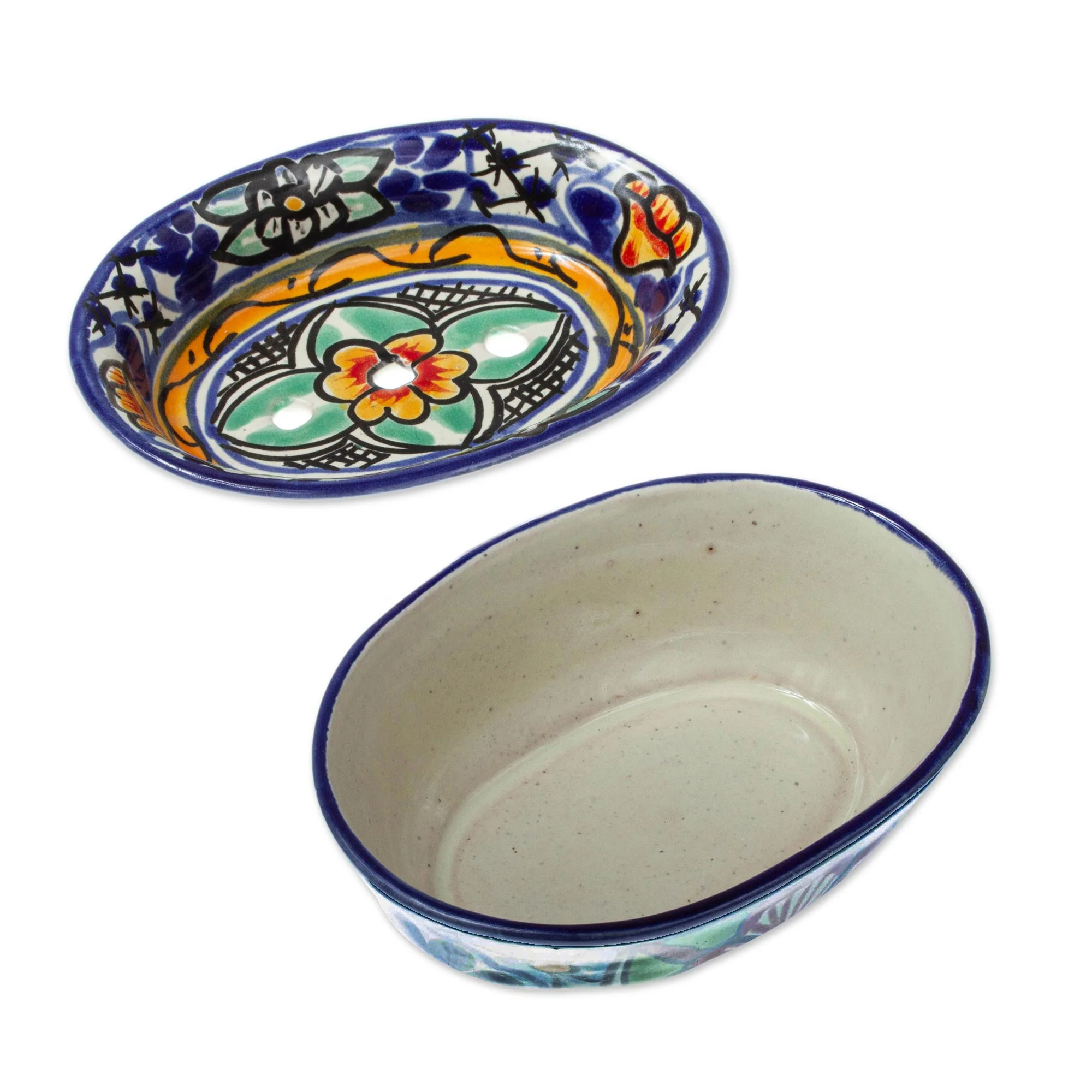 Cobalt Flowers Colorful Hand Painted Ceramic Soap Dish - Image 3