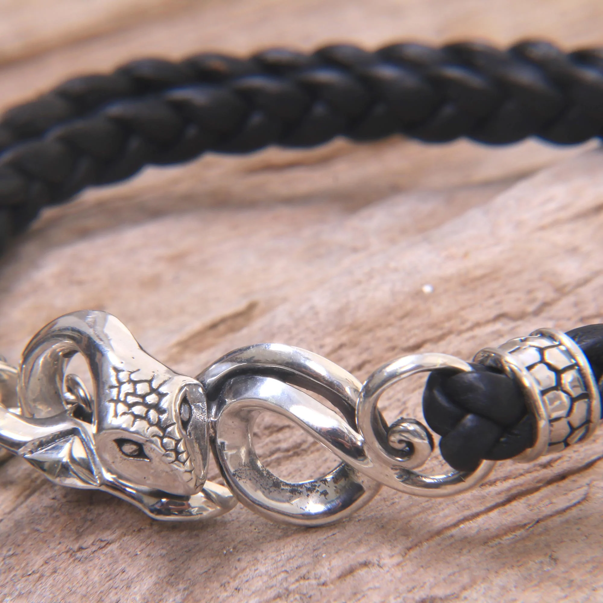 Cobra Men's Black Leather Bracelet with Silver Snake Clasp - Image 5