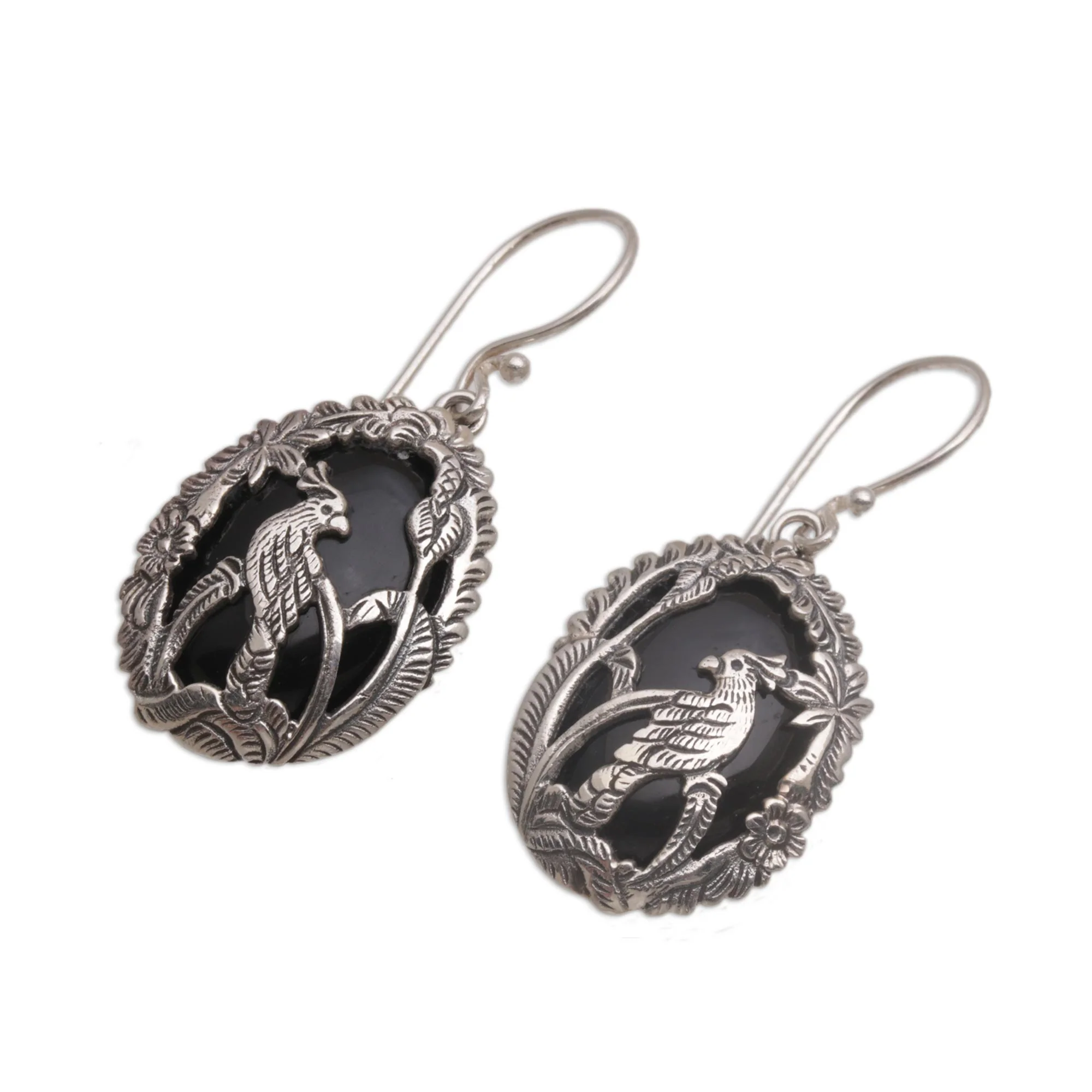 Cockatoo Garden Onyx and Sterling Silver Cockatoo Dangle Earrings from Bali - Image 4
