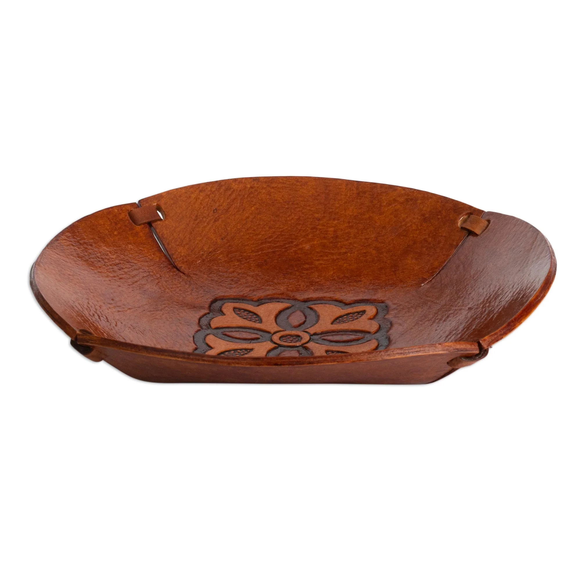 Colonial Florals Brown Hand Tooled Leather Catchall Plate from Peru - Image 3