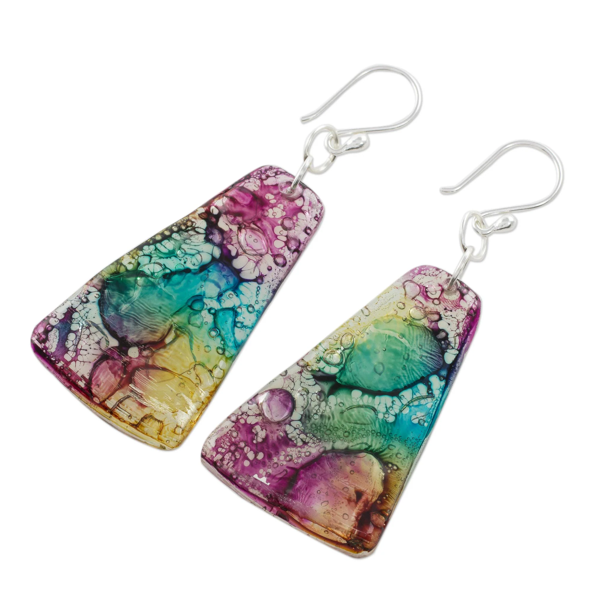 Color Explosion Yellow Turquoise and Purple Recycled CD Dangle Earrings - Image 4