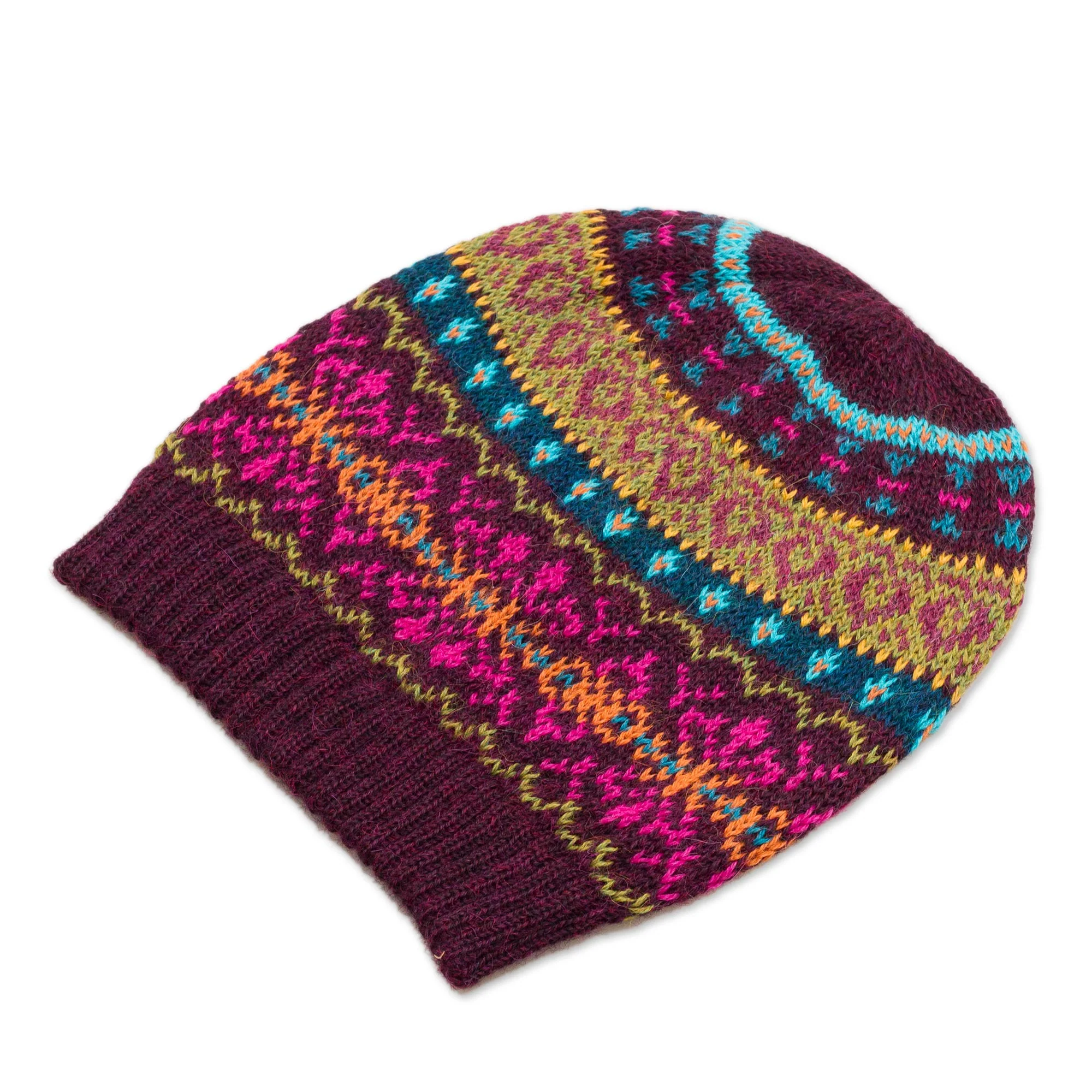 Colorful Carousel Multi-Color 100% Alpaca Knit Hat with Rows of Varying Motifs - Image 4