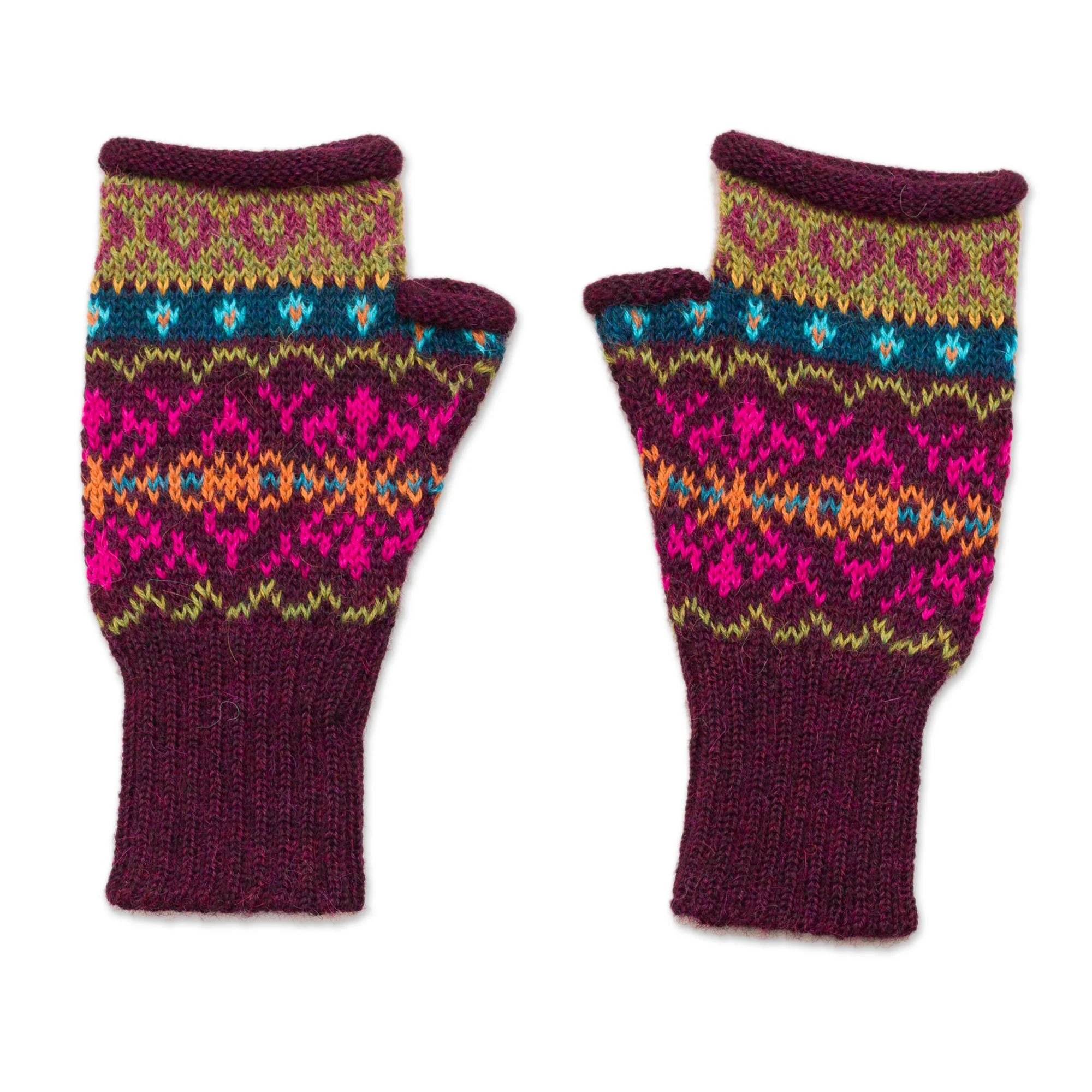 Colorful Carousel Multi-Color Multi-Motif 100% Alpaca Knit Fingerless Mitts - Image 2