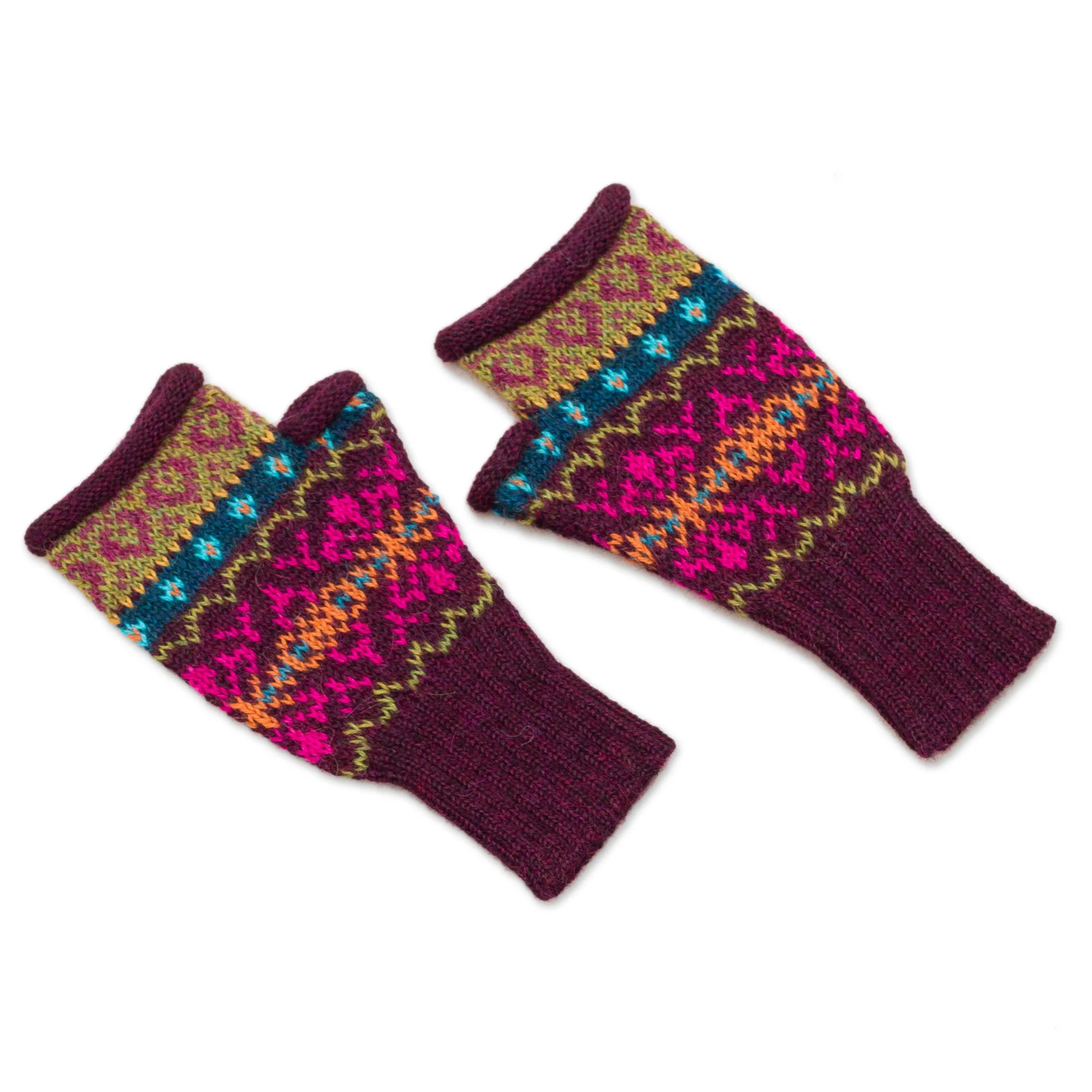Colorful Carousel Multi-Color Multi-Motif 100% Alpaca Knit Fingerless Mitts - Image 5
