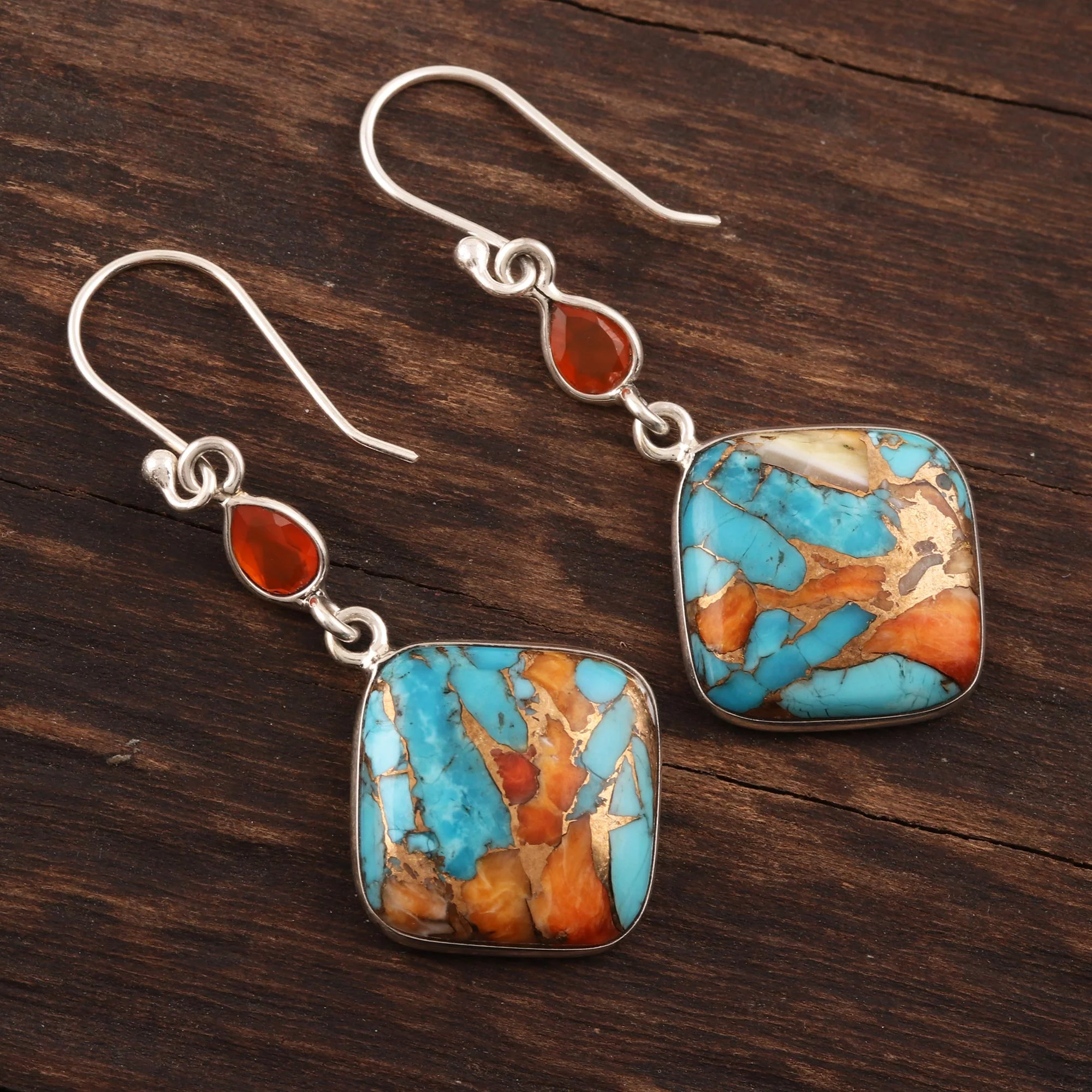 Colorful Kites Carnelian and Composite Turquoise Sterling Silver Earrings - Image 3