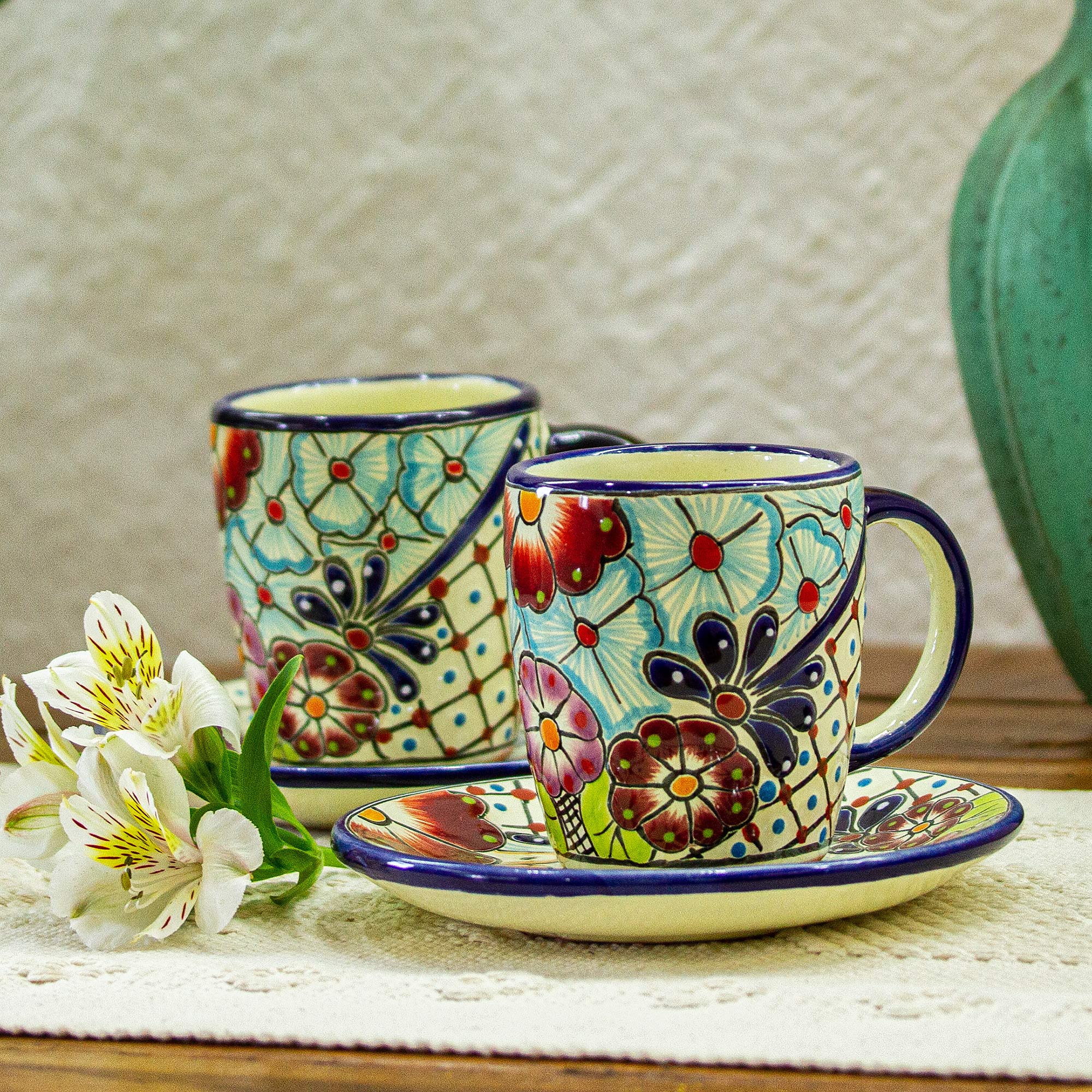 Colors of Mexico Talavera-Style Cups and Saucers (Pair) - Image 3