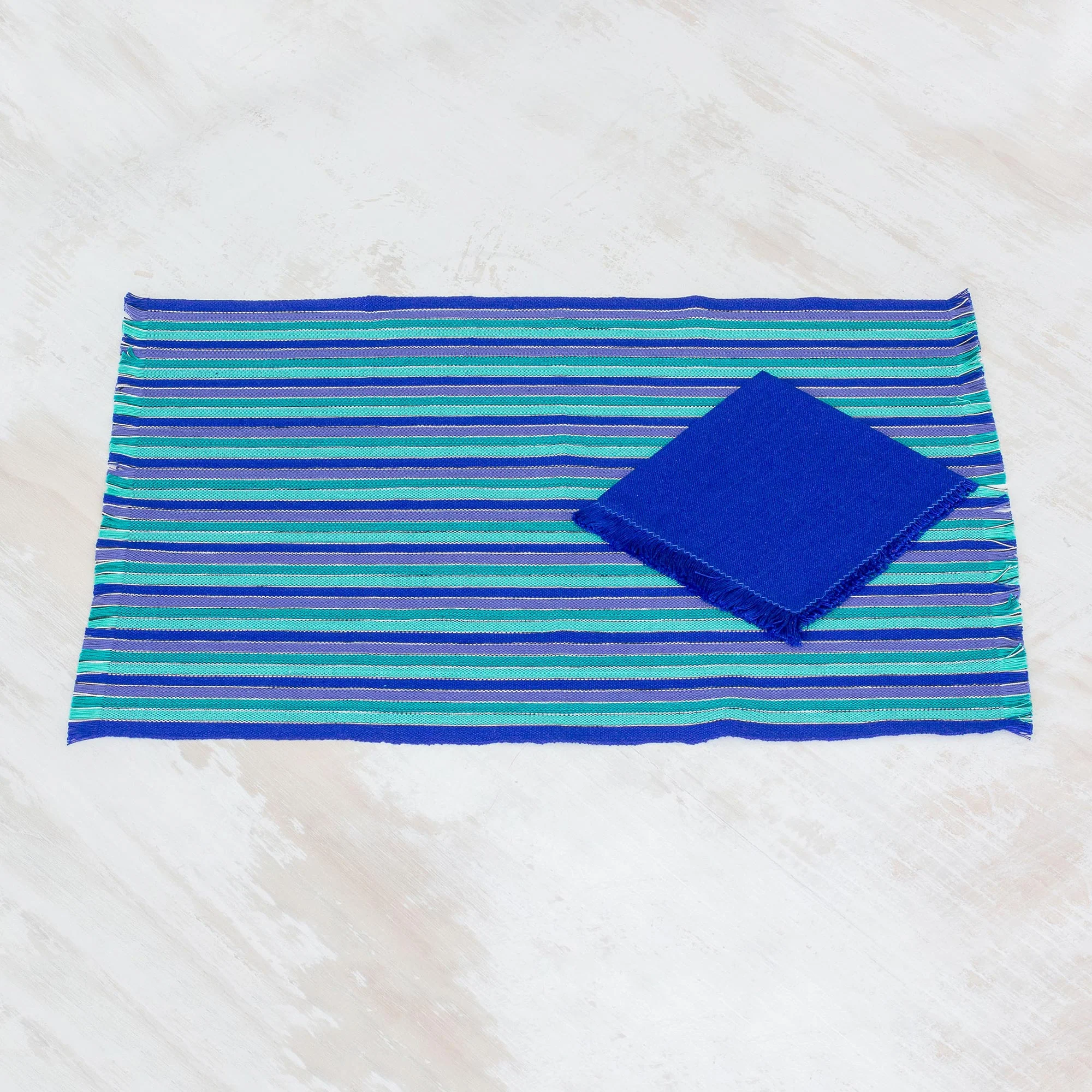 Colors of the Sea Set of 6 Cotton Placemats and Napkins in Blue from Guatemala - Image 3
