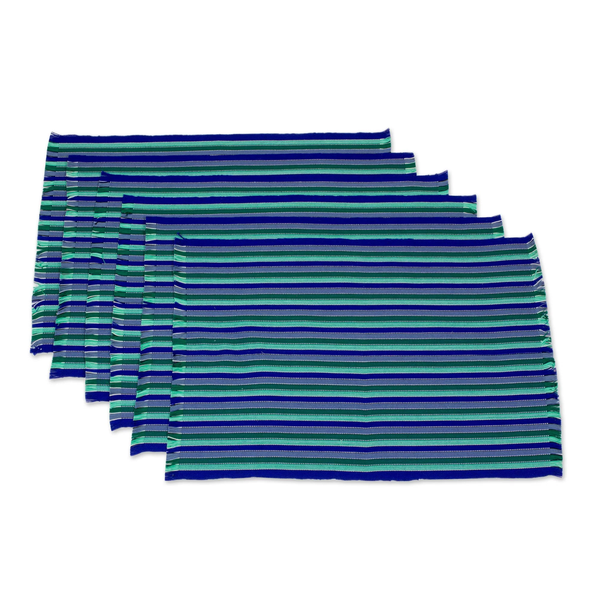 Colors of the Sea Set of Six Striped Cotton Placemats in Blue from Guatemala - Image 2