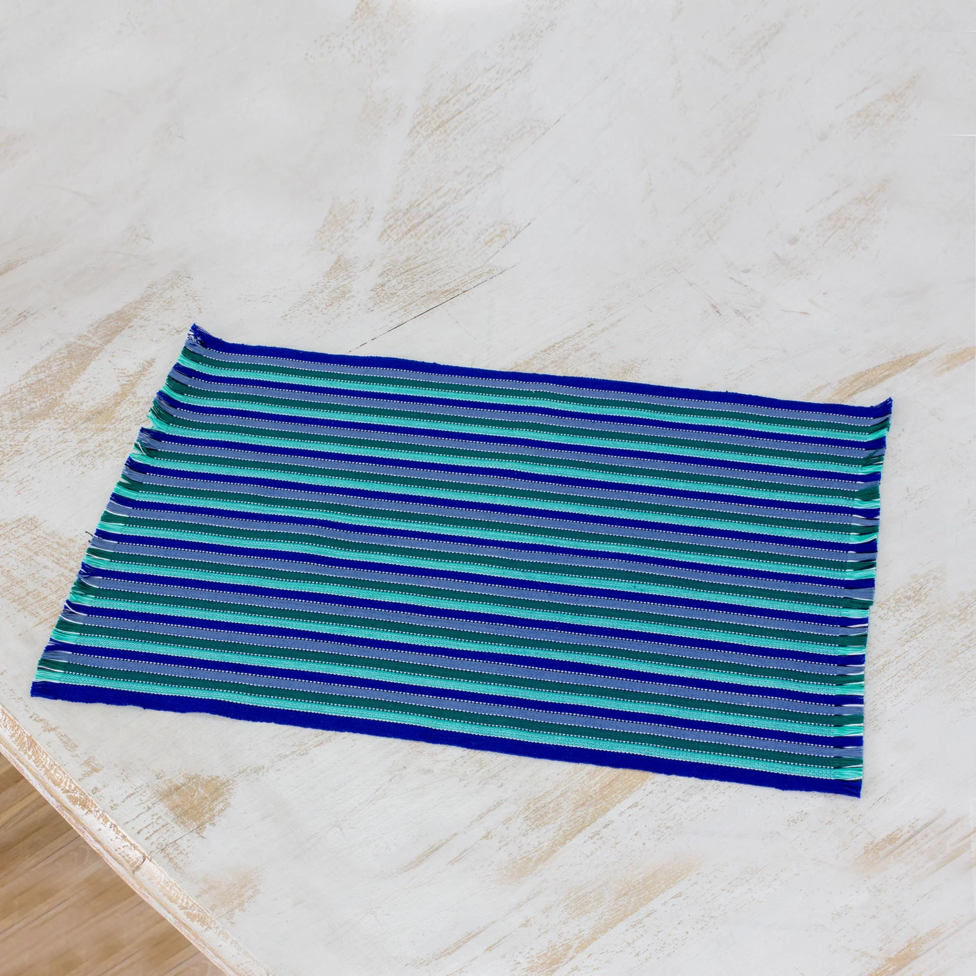 Colors of the Sea Set of Six Striped Cotton Placemats in Blue from Guatemala - Image 3
