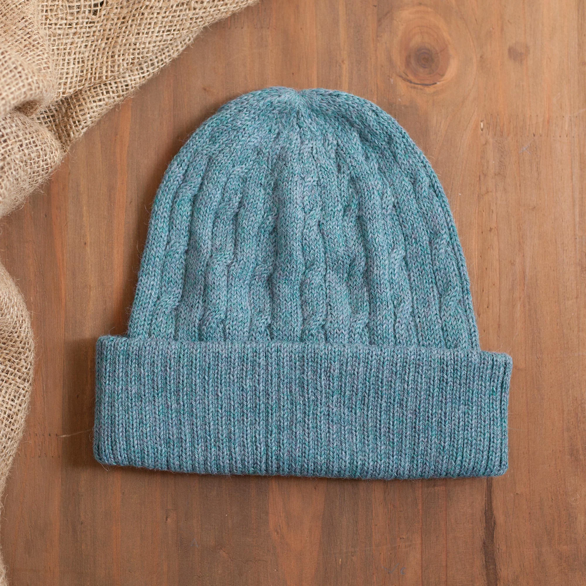Comfy in Blue Robin's Egg Blue 100% Alpaca Soft Cable Knit Hat from Peru - Image 3