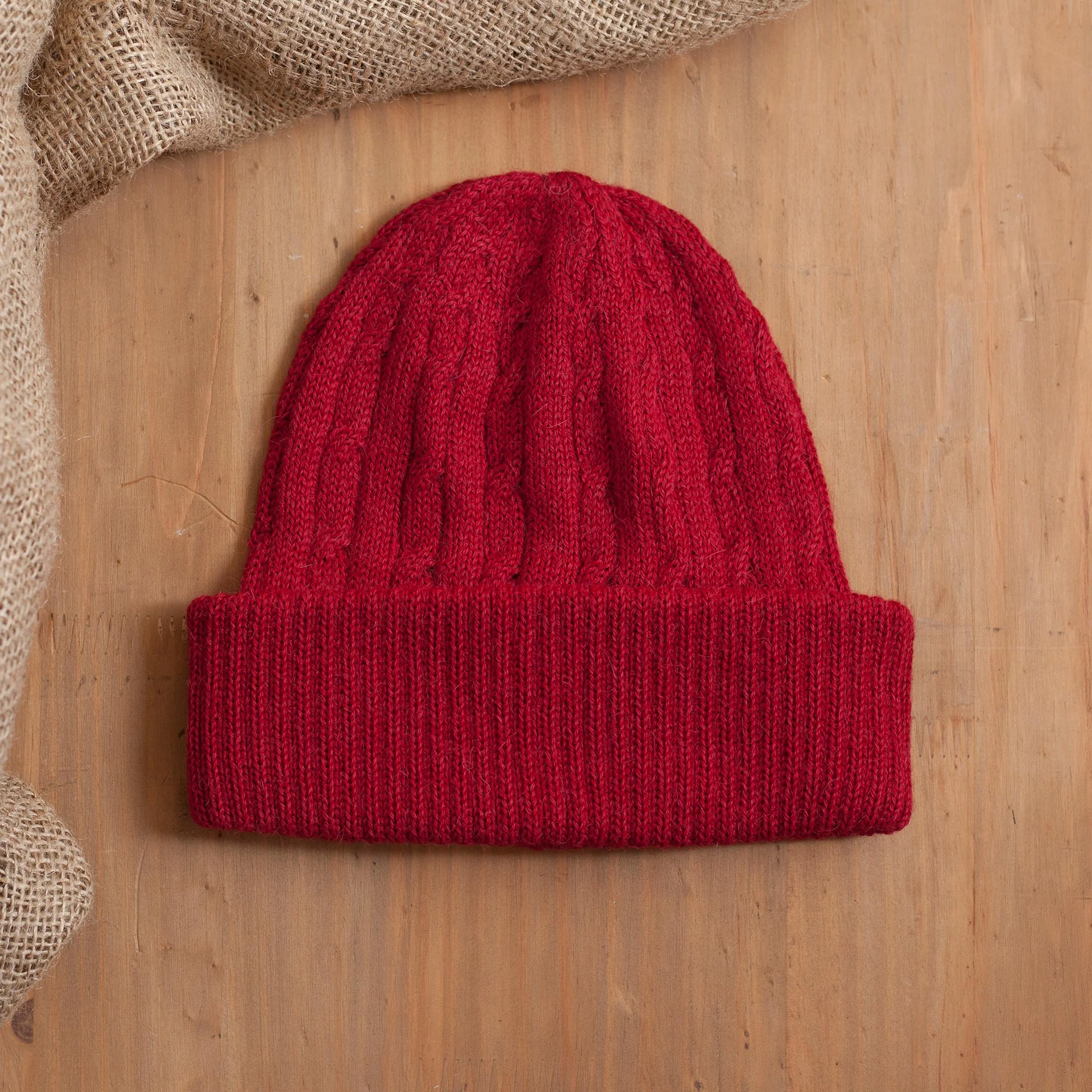 Comfy in Red Crimson Red 100% Alpaca Soft Cable Knit Hat from Peru - Image 3