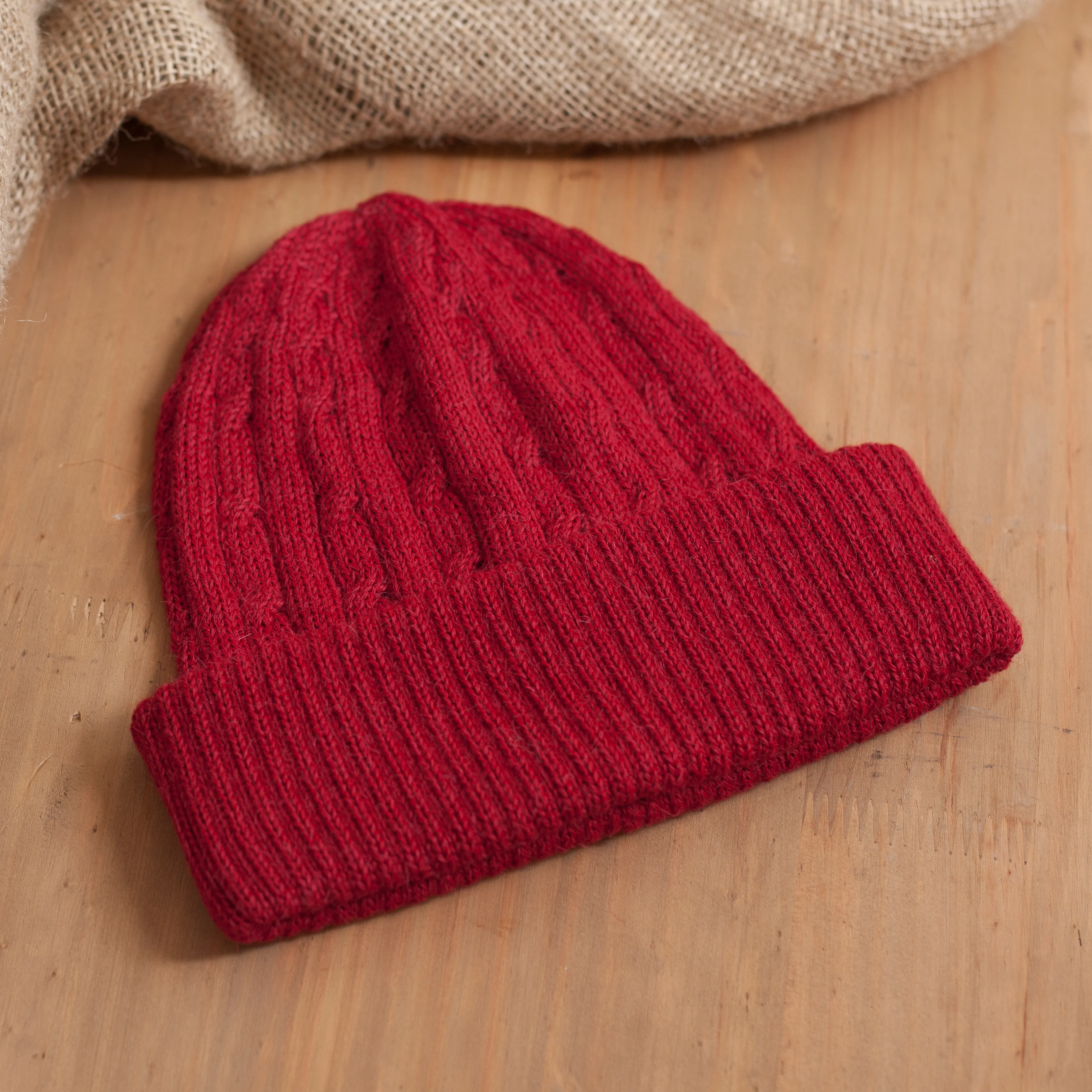 Comfy in Red Crimson Red 100% Alpaca Soft Cable Knit Hat from Peru - Image 4