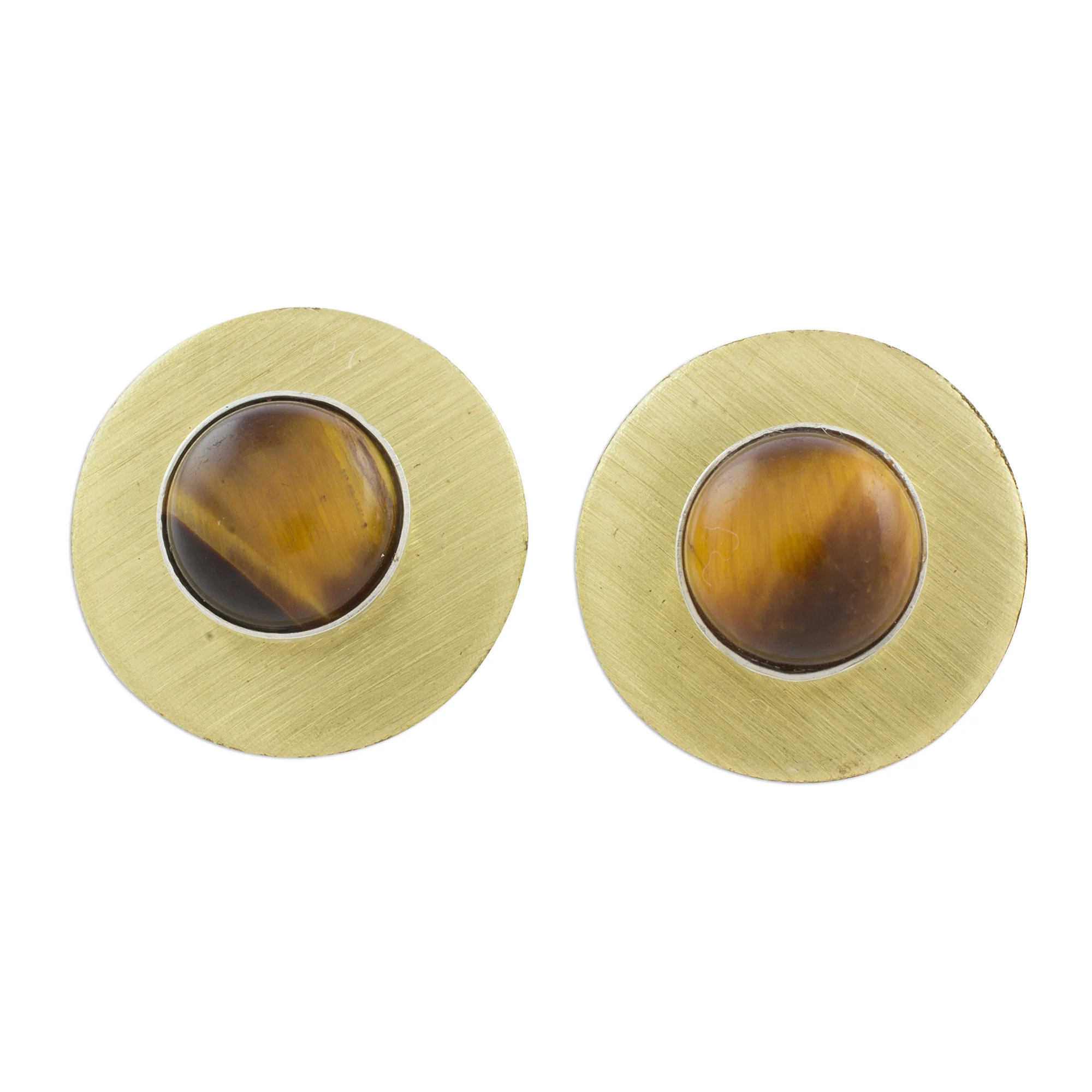Complex Rings Modern Tiger's Eye Button Earrings from Guatemala - Image 2