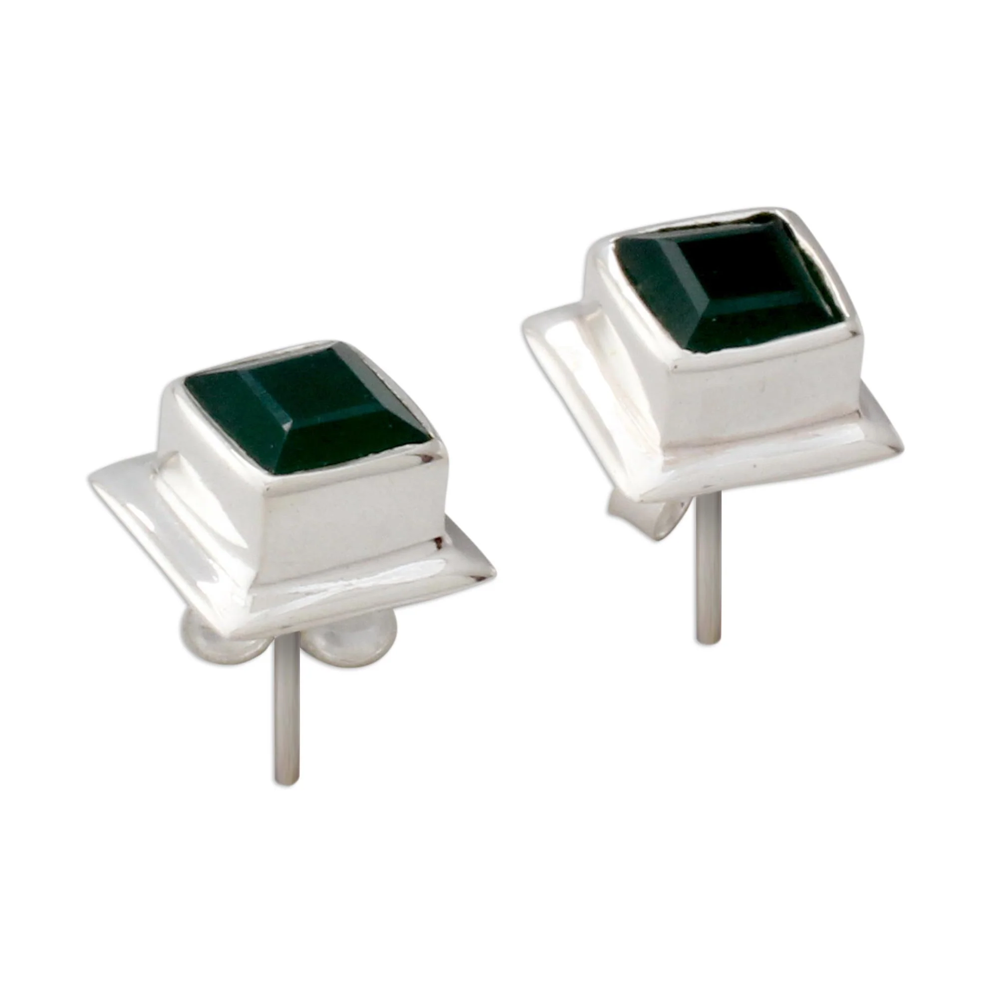 Contemporary Squared Onyx & Silver Stud Earrings - Image 3