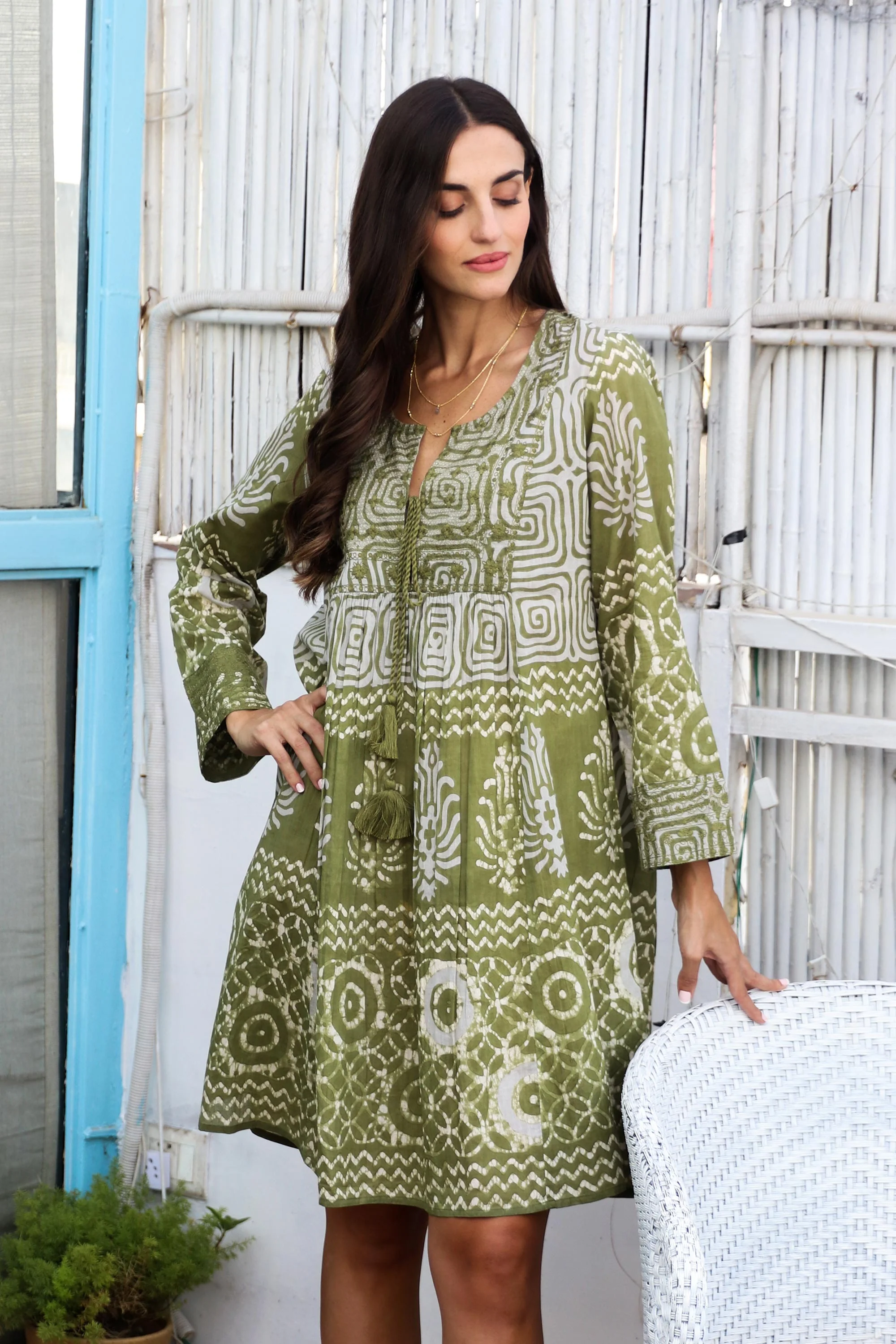 Cool Green Screen Printed Embroidered Cotton Dress - Image 3