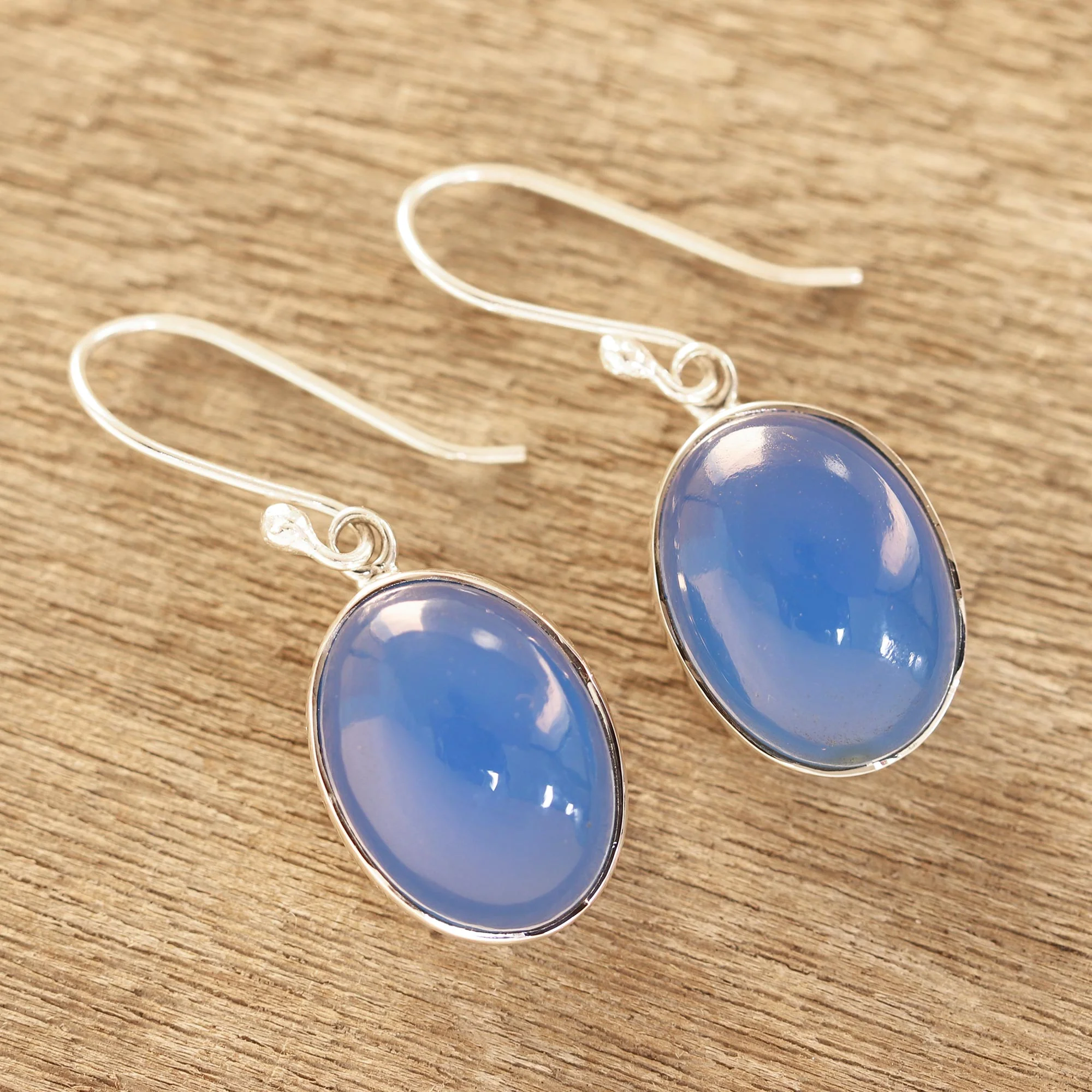 Cool Ovals Oval Blue Chalcedony Dangle Earrings from India - Image 3