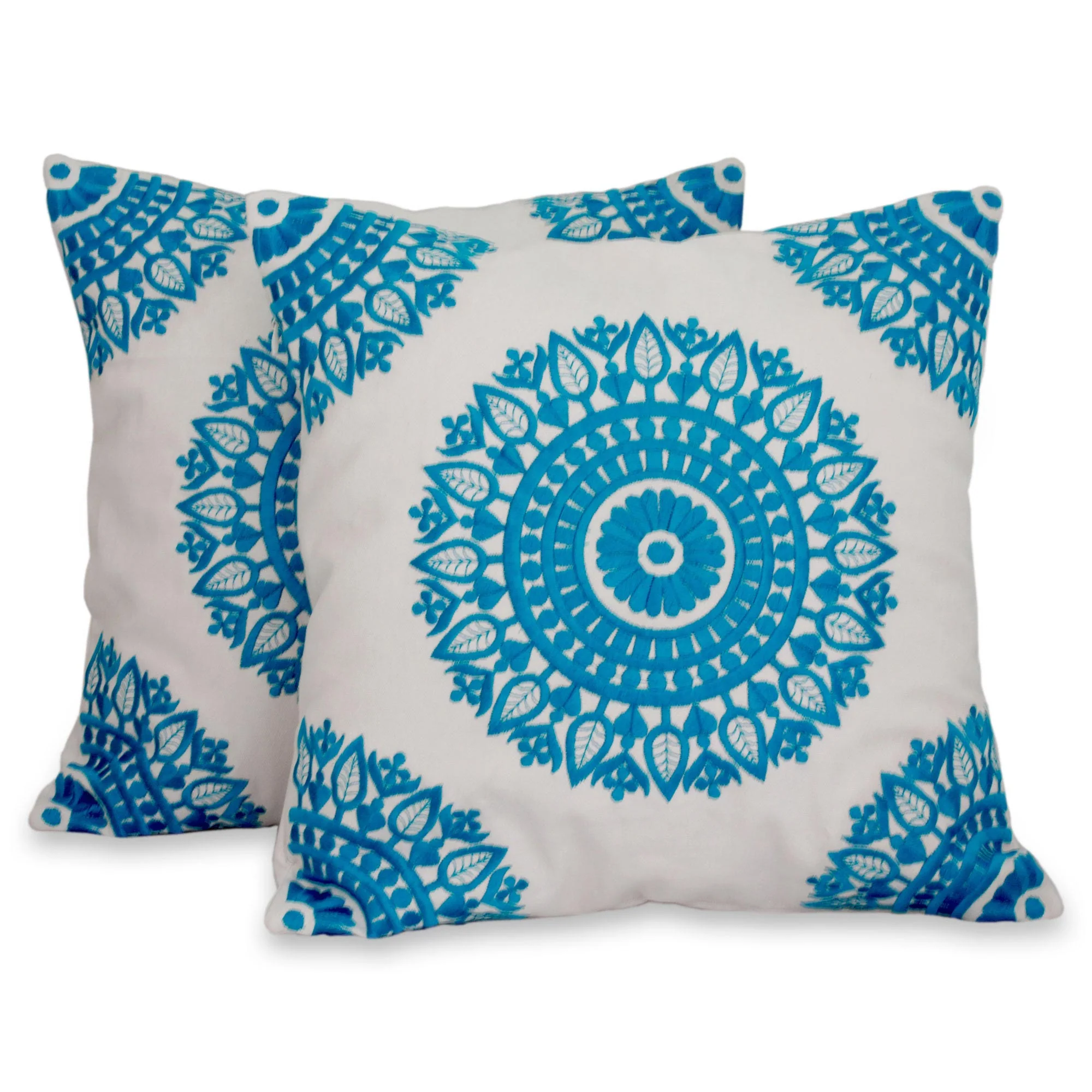 Cool Turquoise Mandalas Embroidered Blue on White Cushion Covers from India (Pair) - Image 2