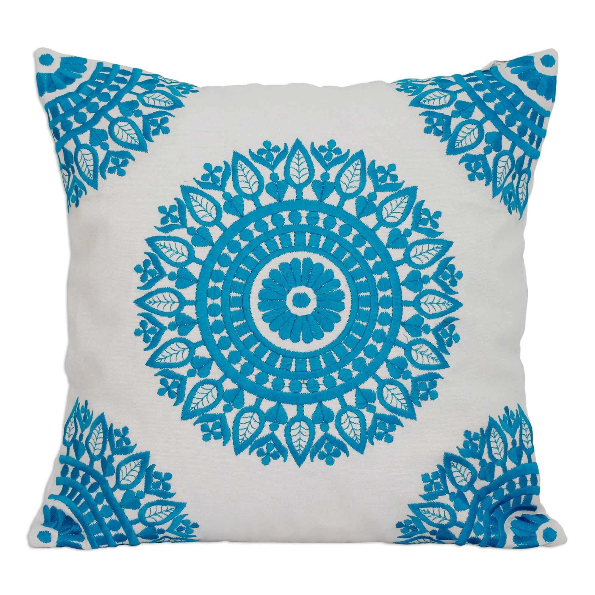 Cool Turquoise Mandalas Embroidered Blue on White Cushion Covers from India (Pair) - Image 3