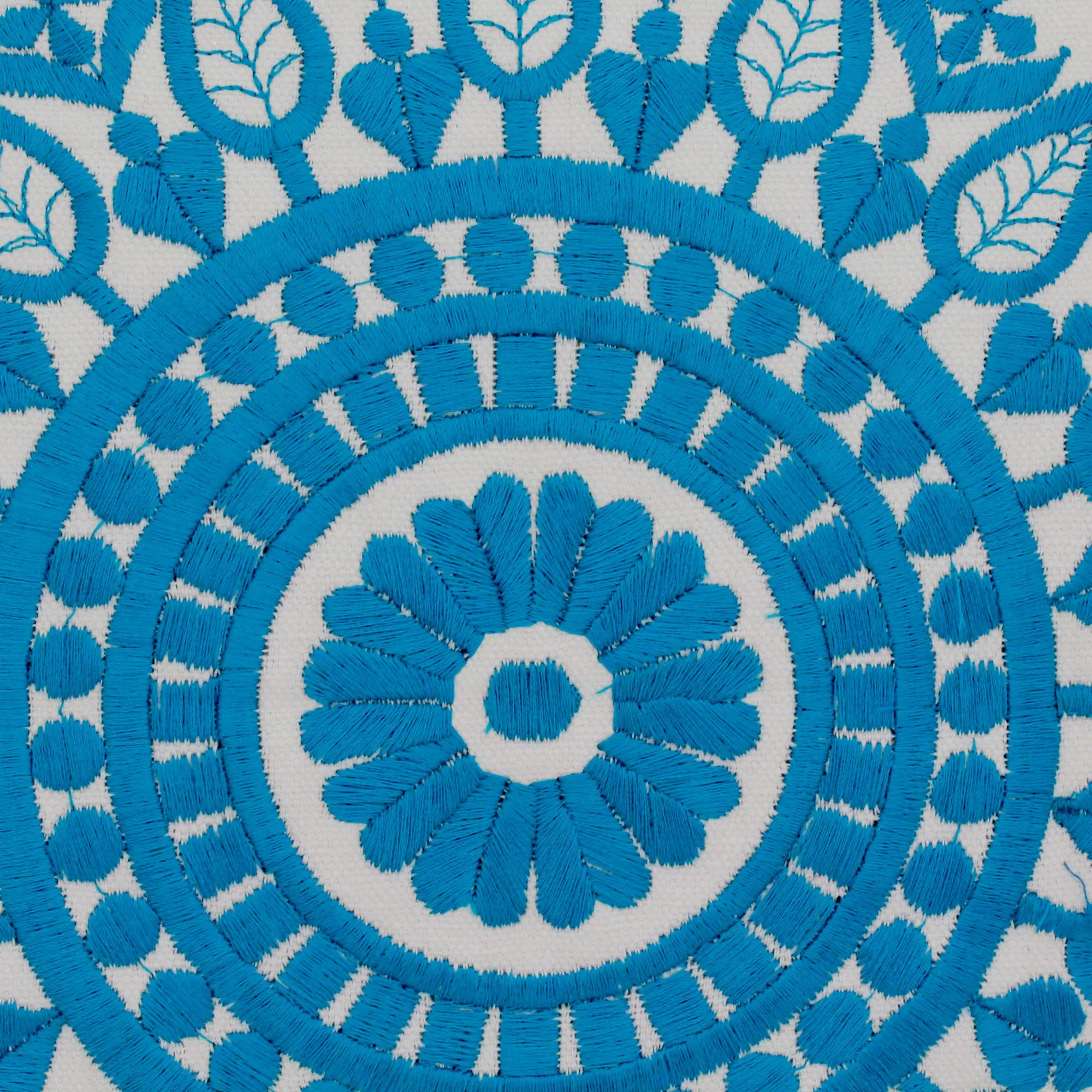 Cool Turquoise Mandalas Embroidered Blue on White Cushion Covers from India (Pair) - Image 4