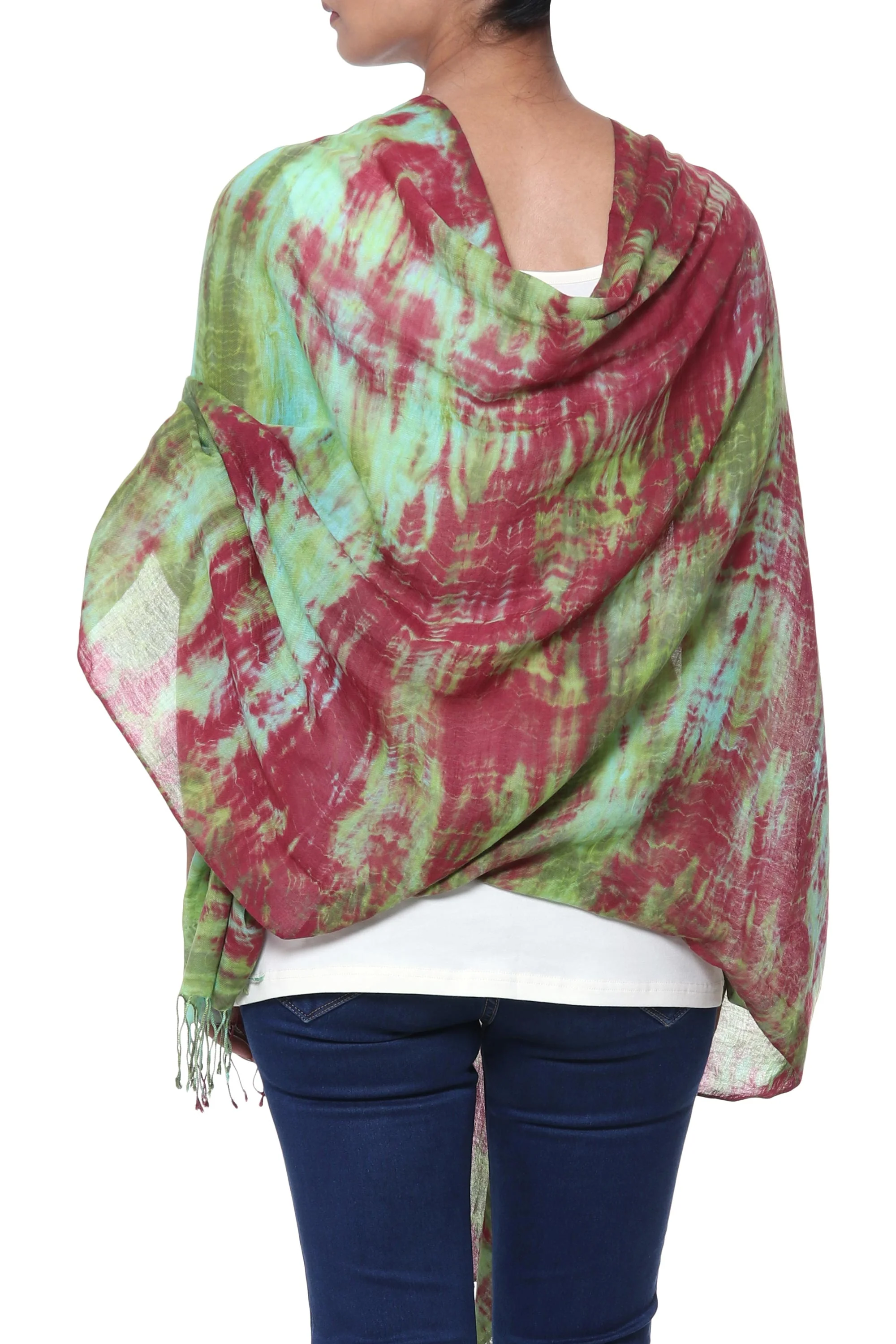 Cosmic Waves Red Green and Aqua Tie-Dyed Cotton Shawl with Fringe - Image 3