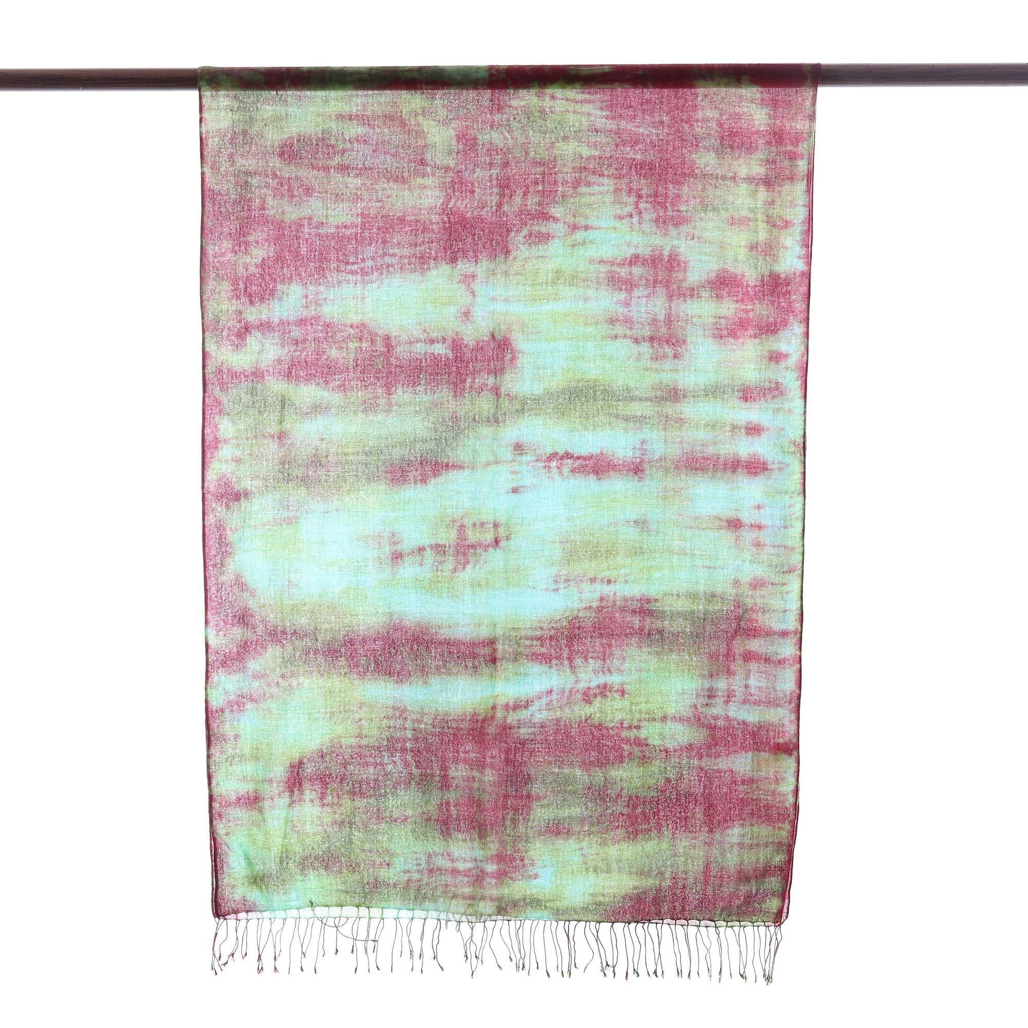 Cosmic Waves Red Green and Aqua Tie-Dyed Cotton Shawl with Fringe - Image 4