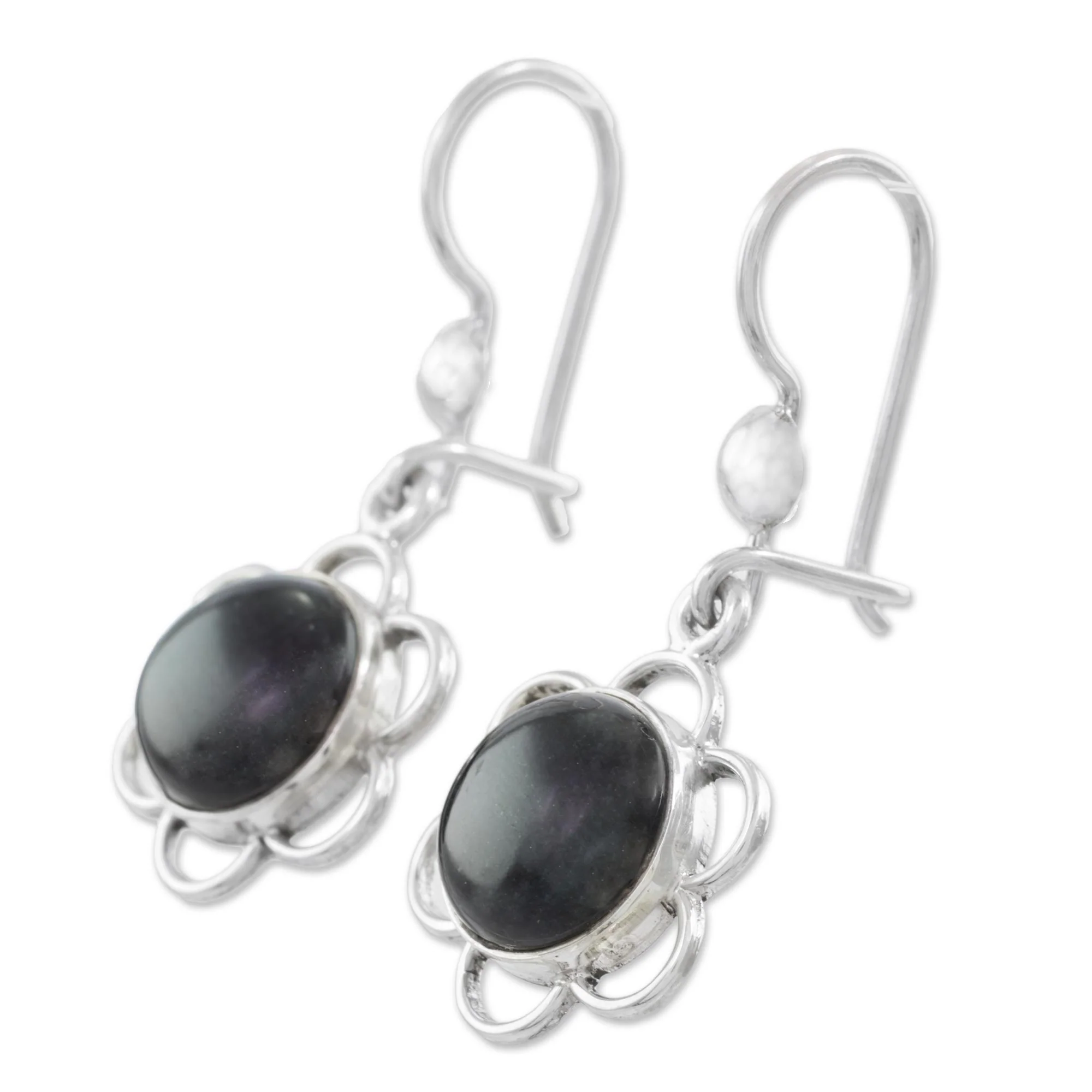 Country Flower Black Jade Flower Shaped Dangle Earrings from Guatemala - Image 5