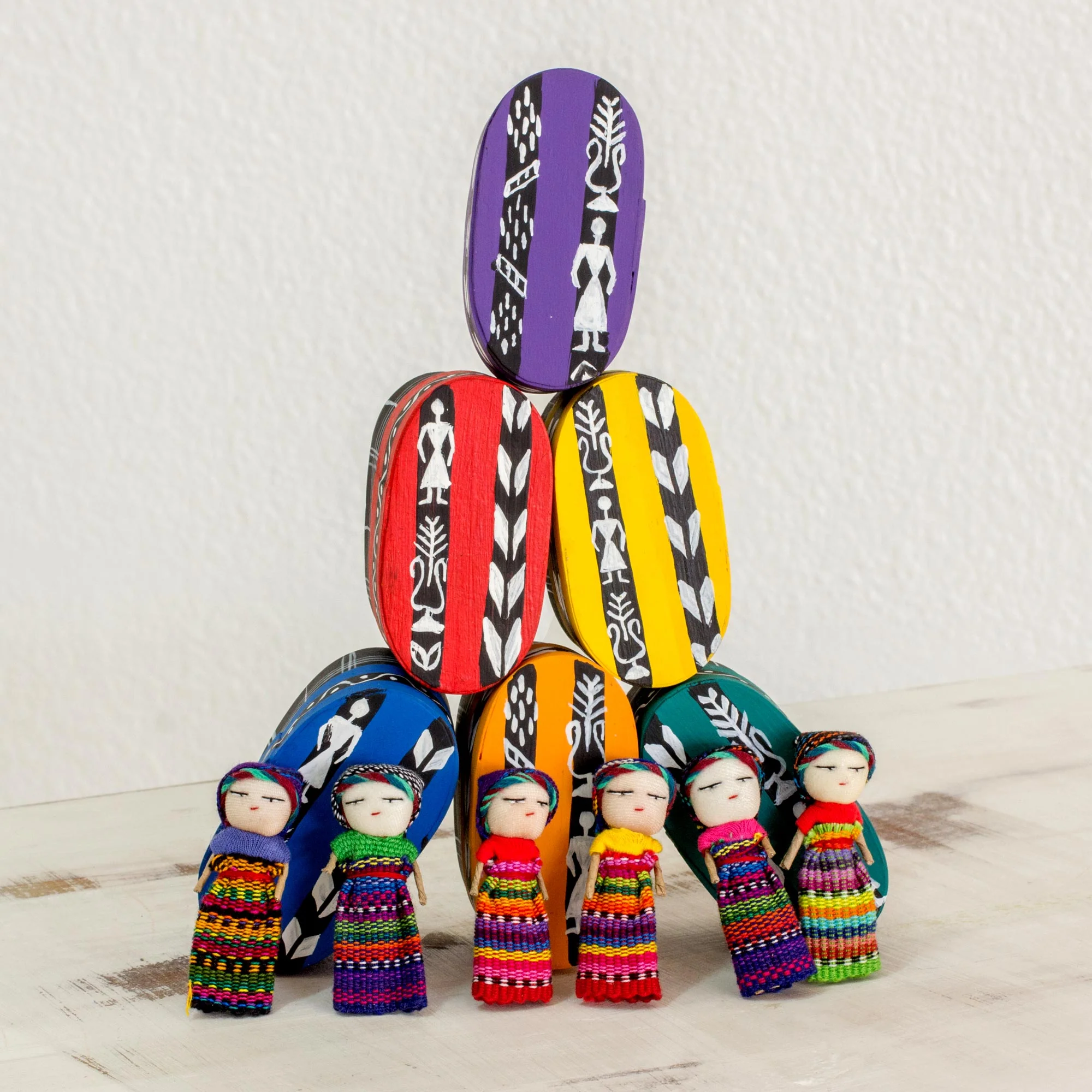 Country Treasures Six Cotton Worry Dolls and Pinewood Boxes from Guatemala - Image 3