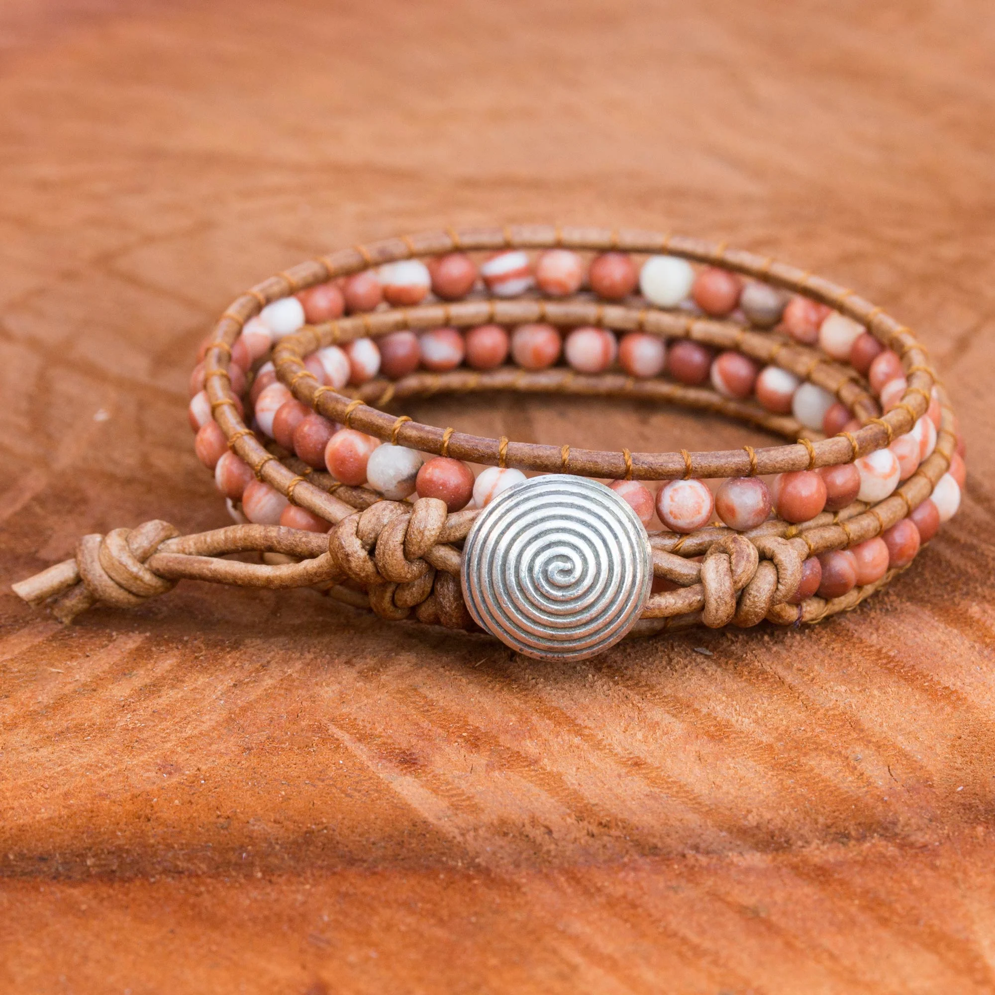 Cozy Brown Thai Jasper and Leather Cord Bracelet with Silver Clasp - Image 3