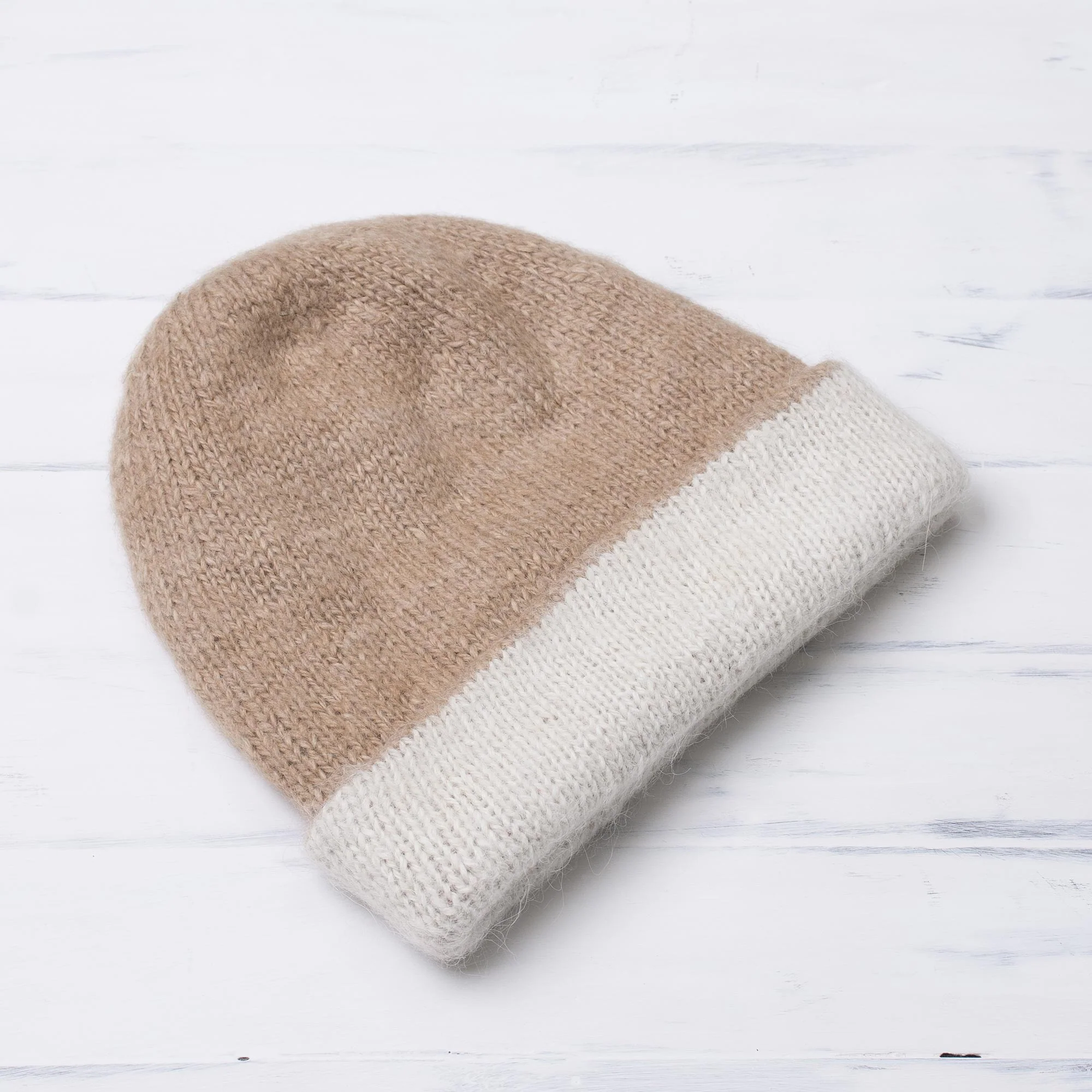 Cozy Winter in Tan 100% Alpaca Hat in Beige and White from Peru - Image 4