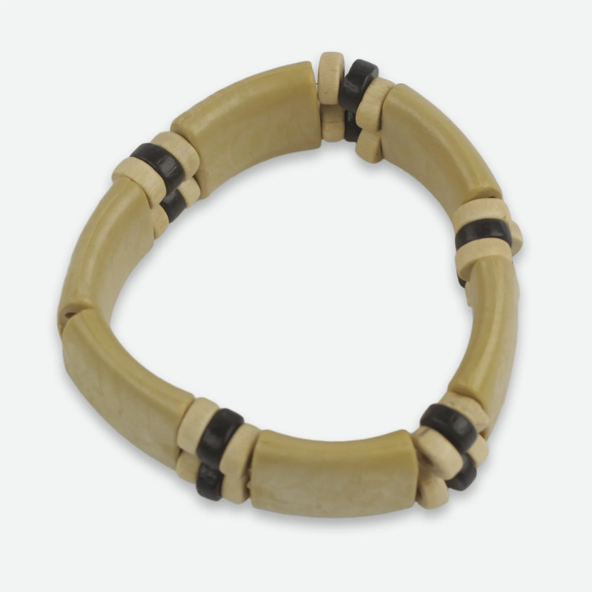 Cream Connection Handmade Wood and Recycled Bead Stretch Bracelet - Image 3