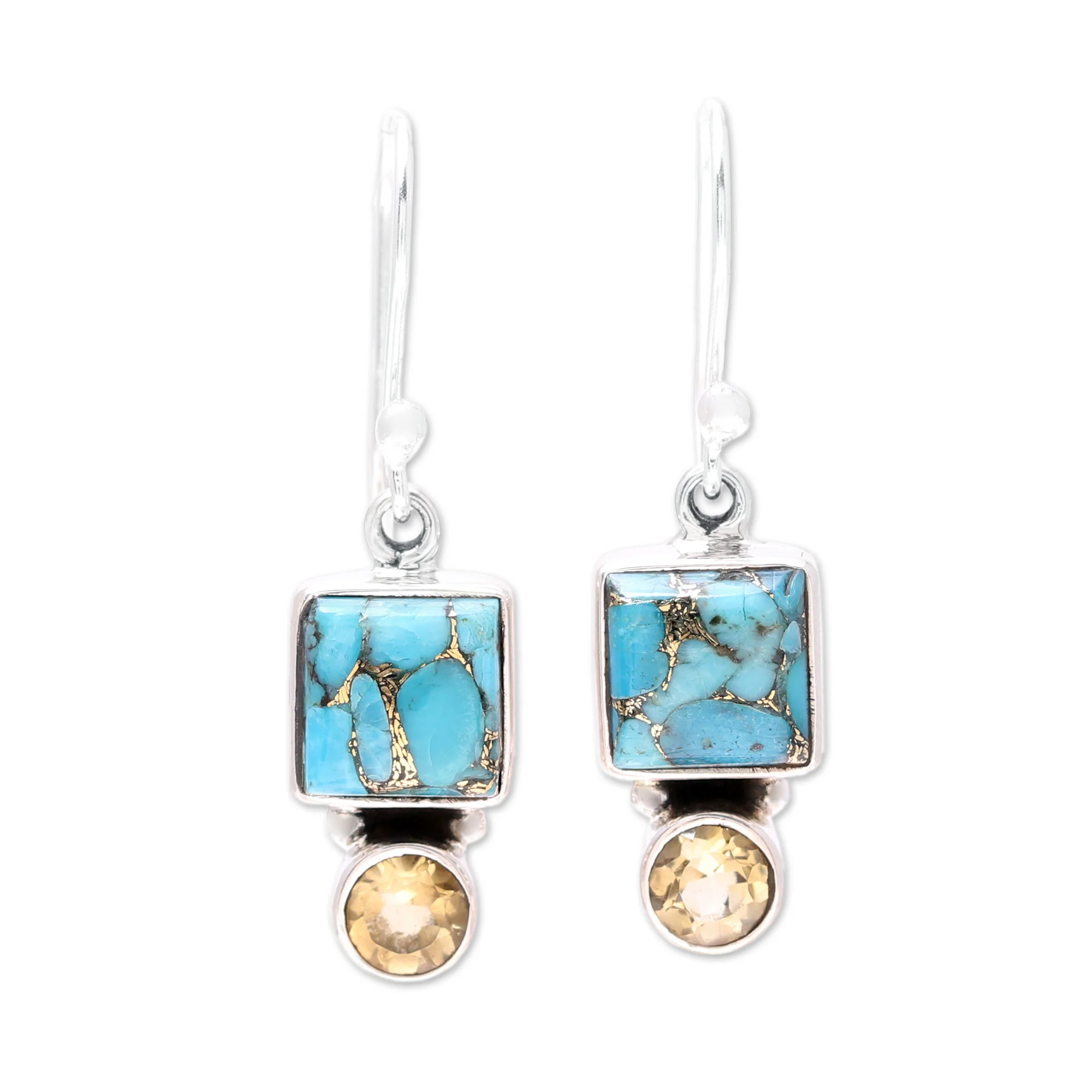 Creative Beauty Citrine and Composite Turquoise Dangle Earrings from India - Image 2